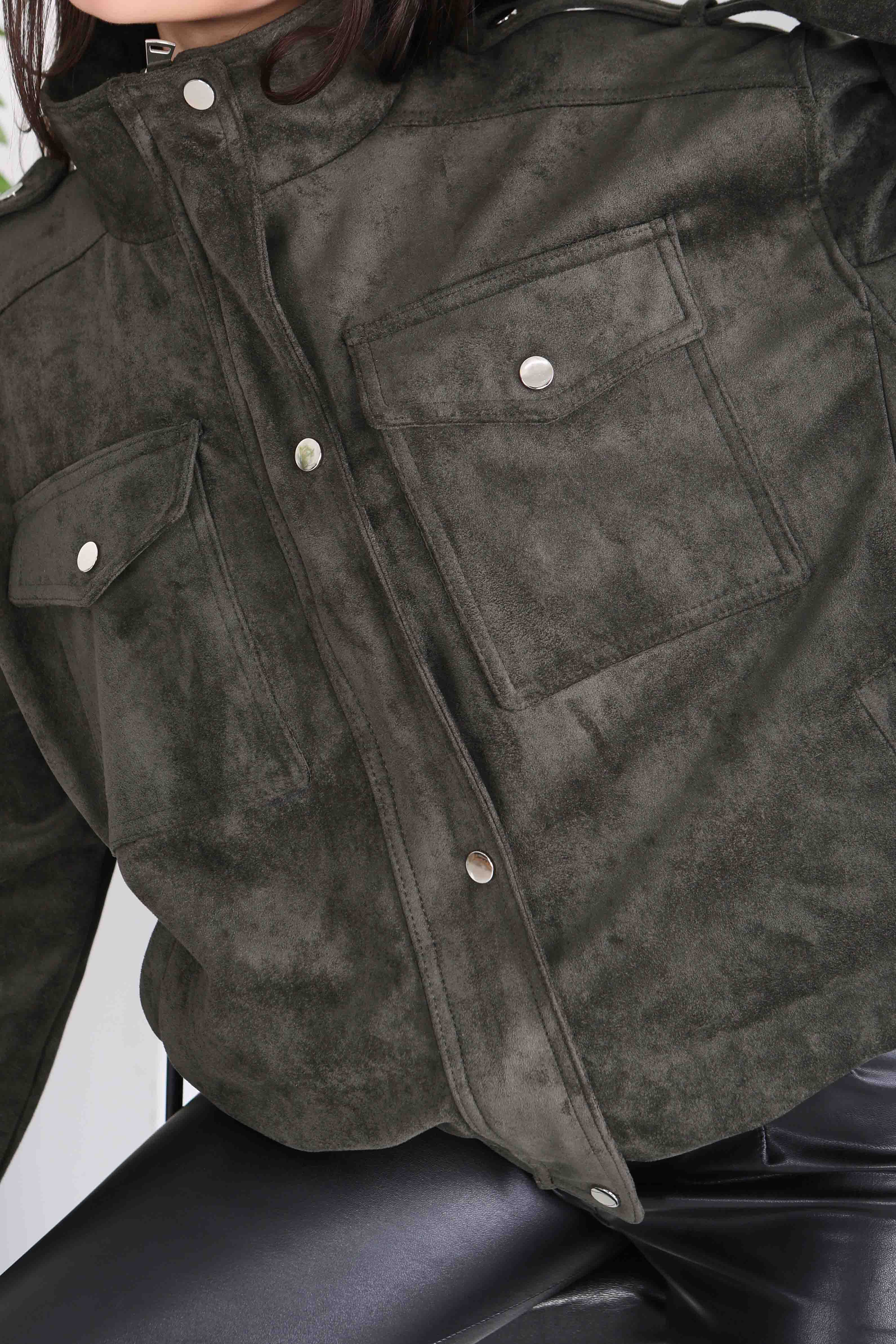 Çift Cepli Beli Lastikli Süet Ceket - 28091-HAKI - 5