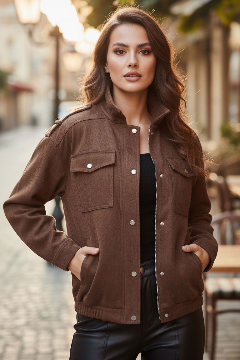 Çift Cepli Beli Lastikli Süet Ceket - 28091-KAHVE - TOFİSA