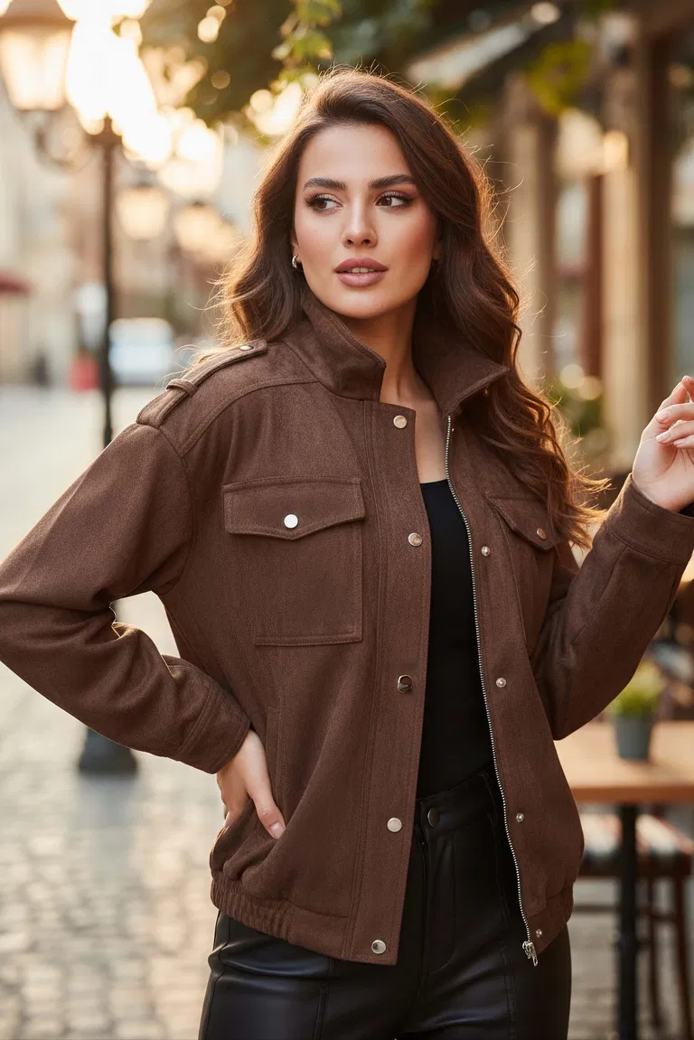 Çift Cepli Beli Lastikli Süet Ceket - 28091-KAHVE - TOFİSA