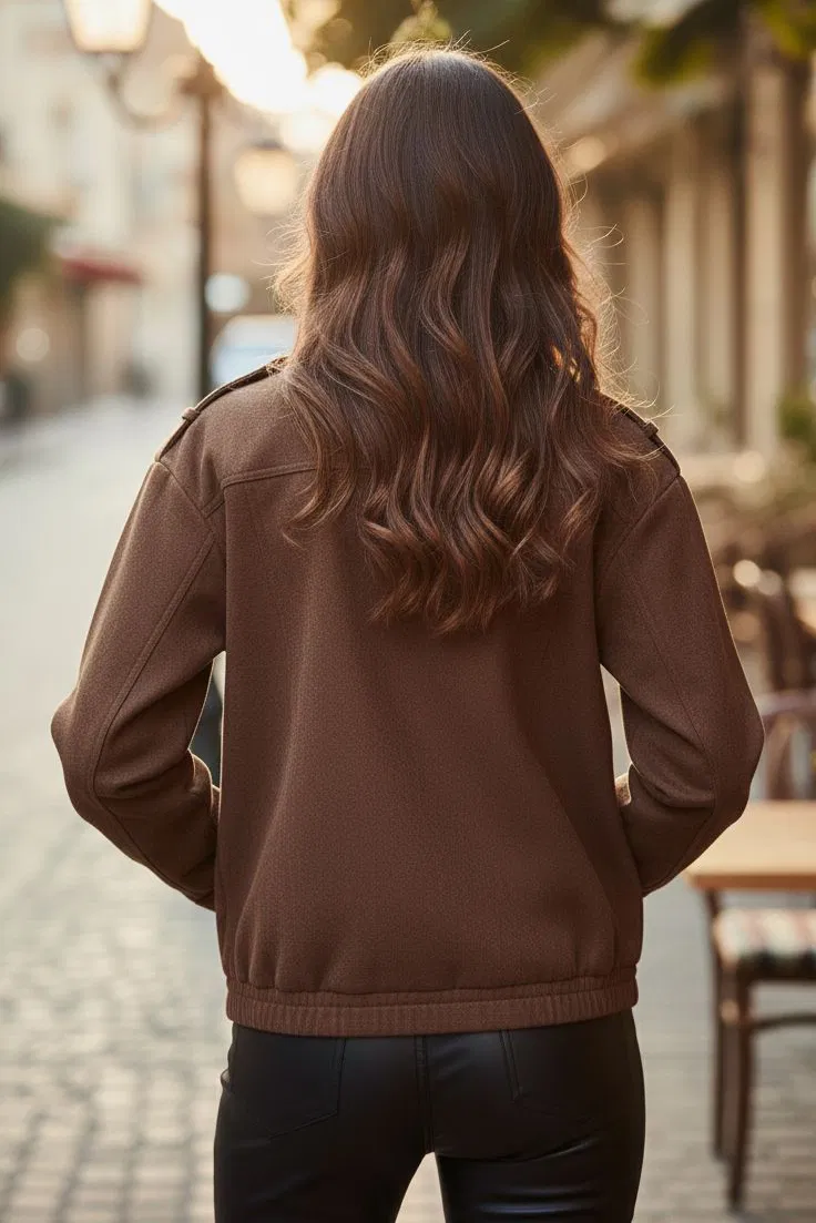 Çift Cepli Beli Lastikli Süet Ceket - 28091-KAHVE - TOFİSA