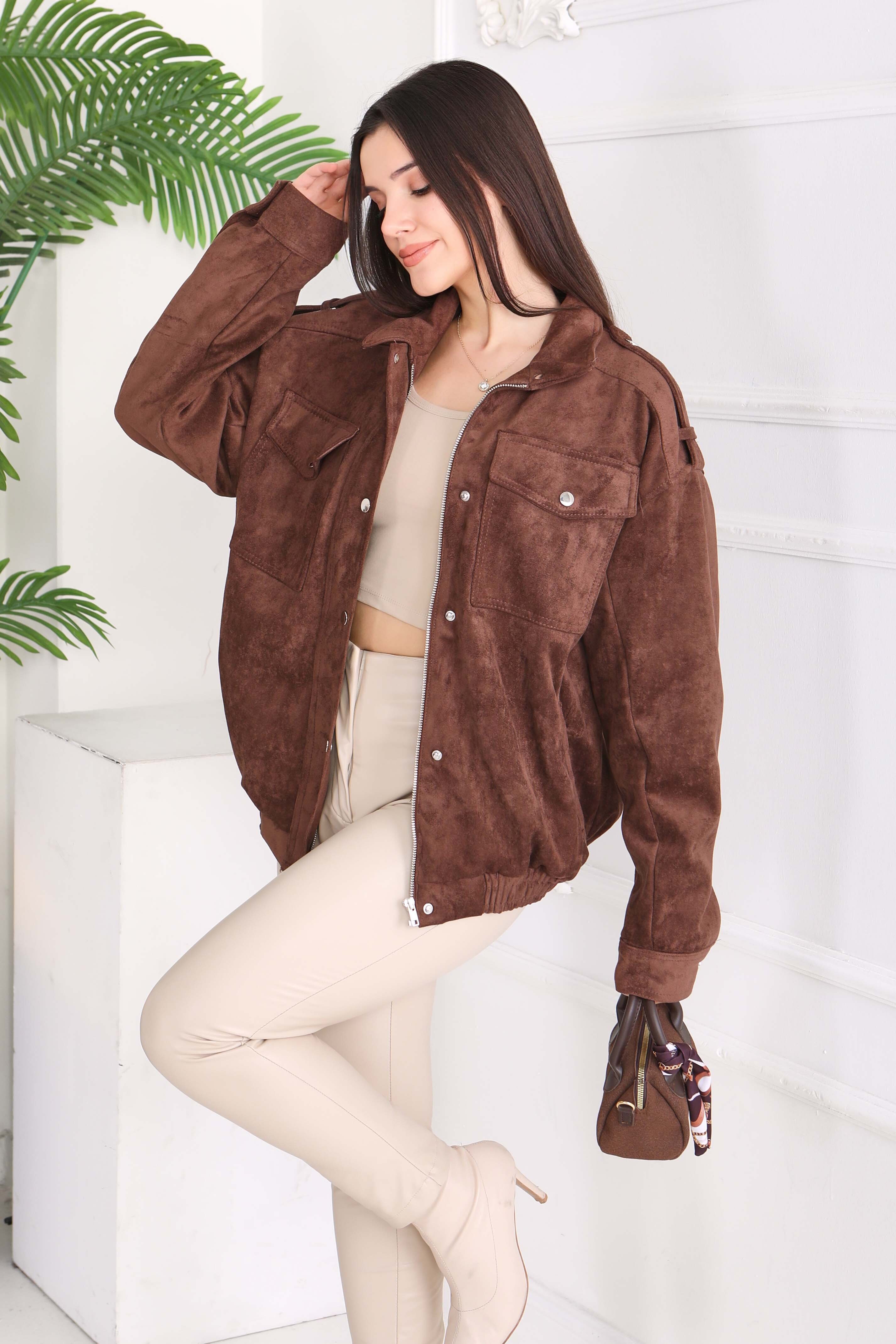 Çift Cepli Beli Lastikli Süet Ceket - 28091-KAHVE - 3