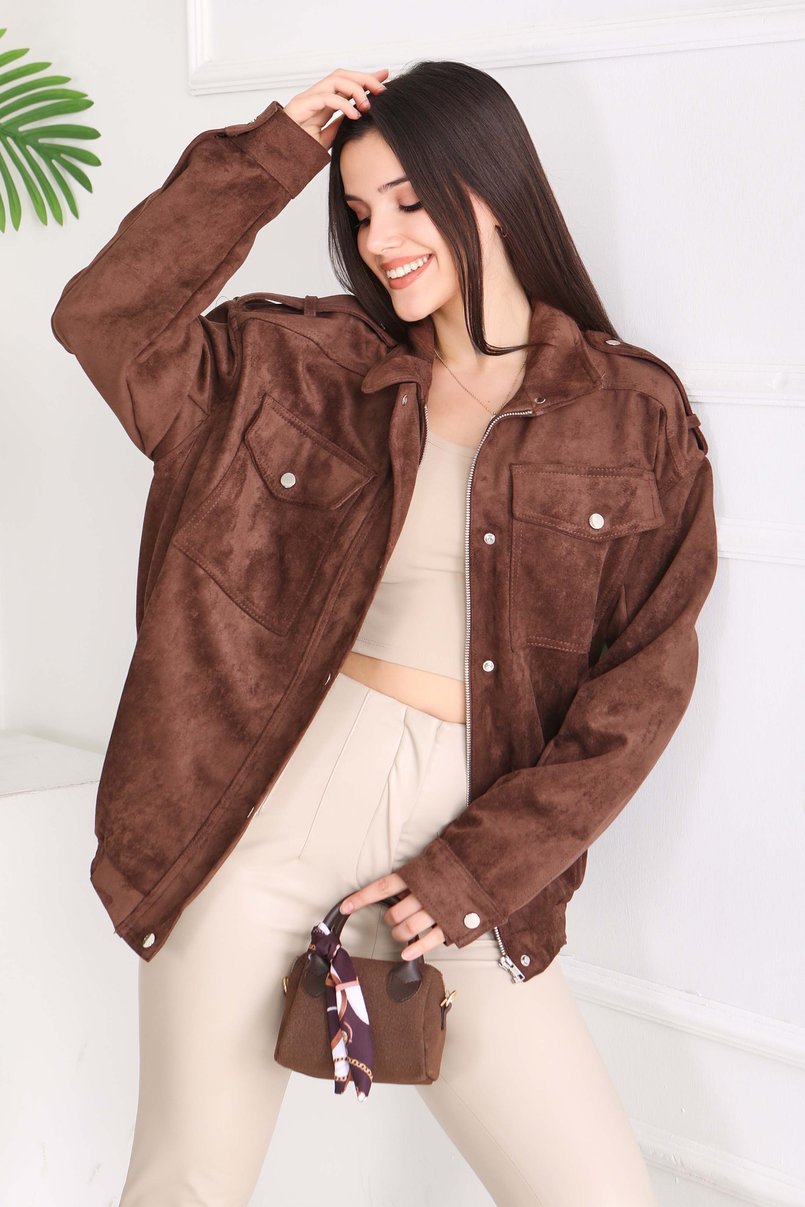 Çift Cepli Beli Lastikli Süet Ceket - 28091-KAHVE - 1