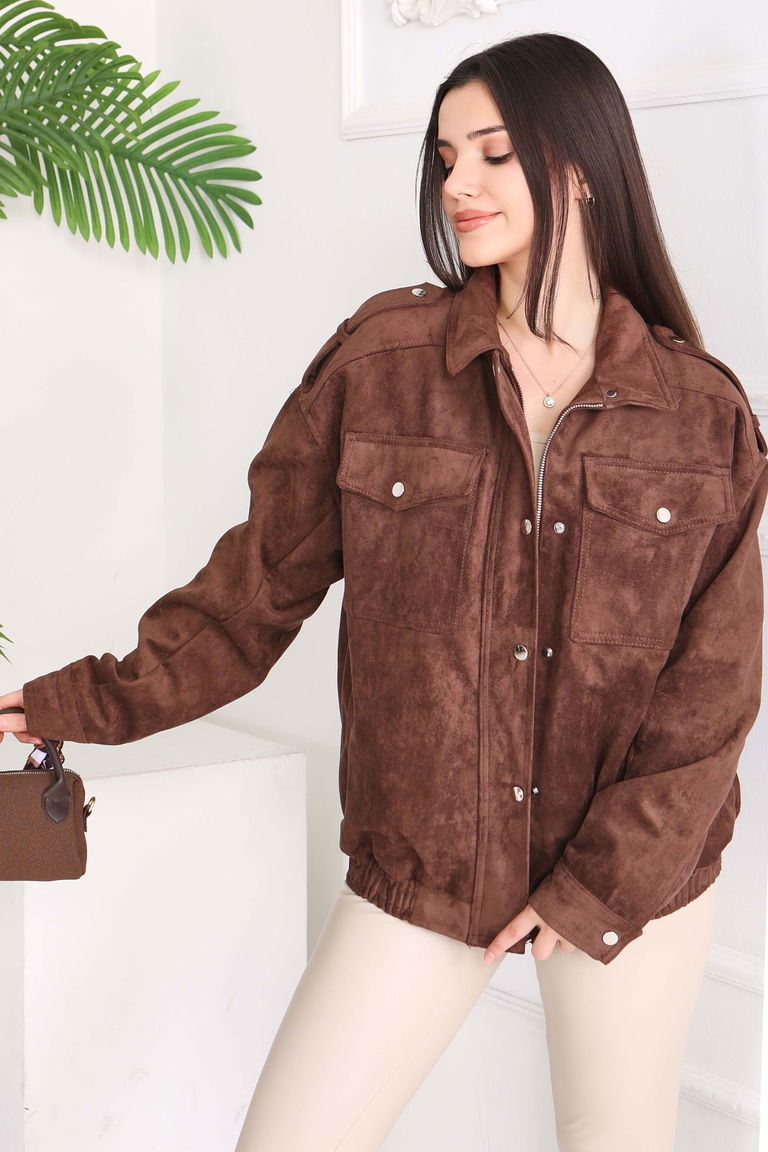 Çift Cepli Beli Lastikli Süet Ceket - 28091-KAHVE - TOFİSA