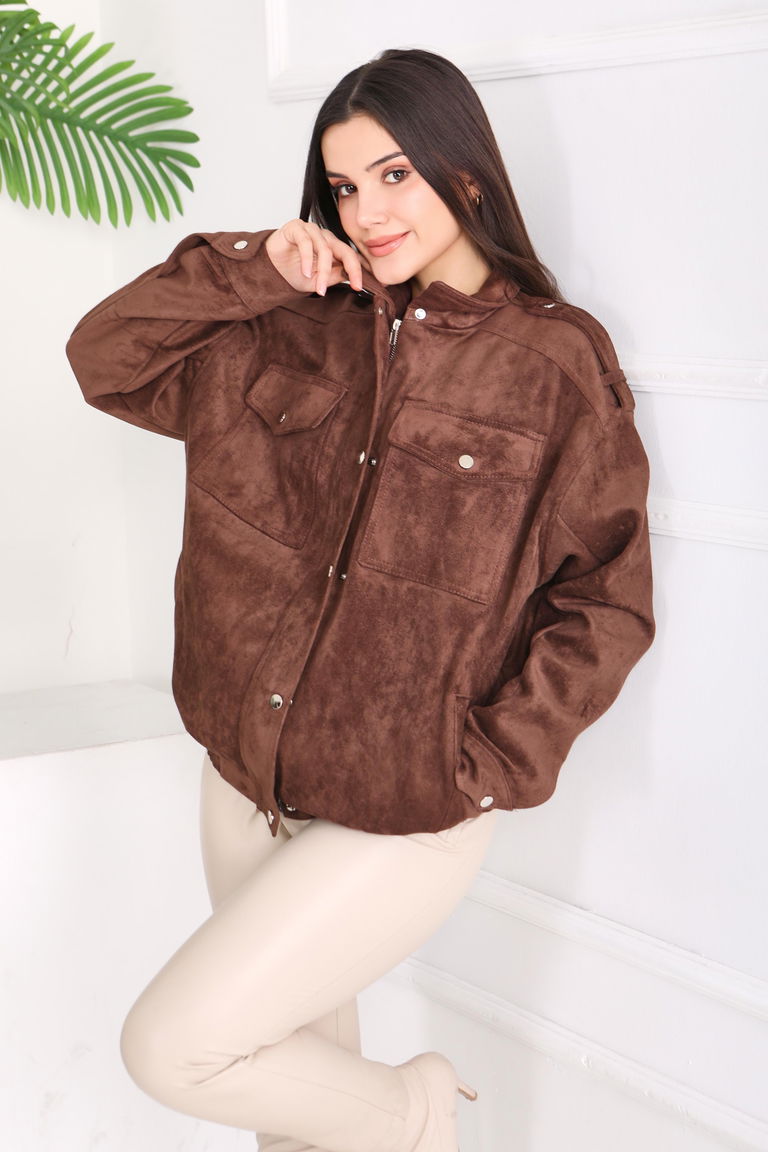 Çift Cepli Beli Lastikli Süet Ceket - 28091-KAHVE - TOFİSA