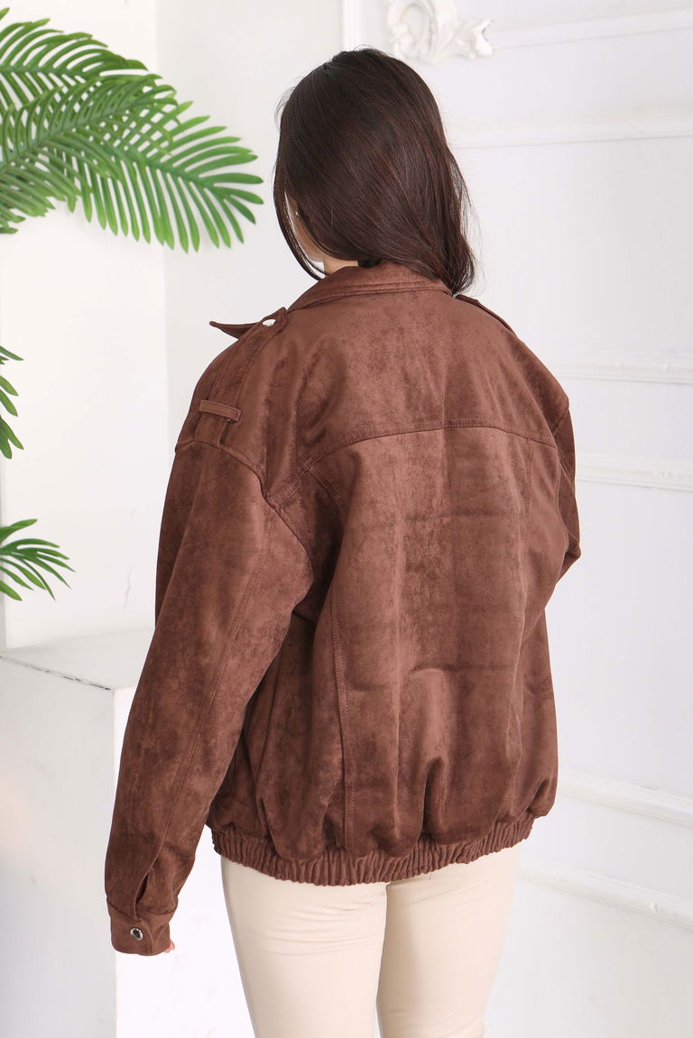 Çift Cepli Beli Lastikli Süet Ceket - 28091-KAHVE - TOFİSA