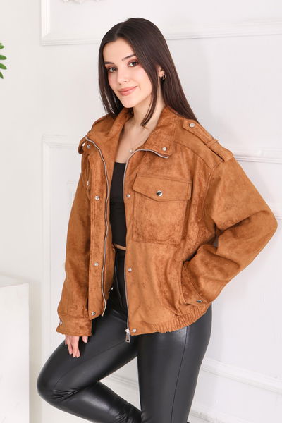 Çift Cepli Beli Lastikli Süet Ceket - 28091-TABA 