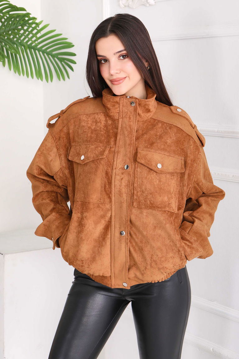 Çift Cepli Beli Lastikli Süet Ceket - 28091-TABA - TOFİSA