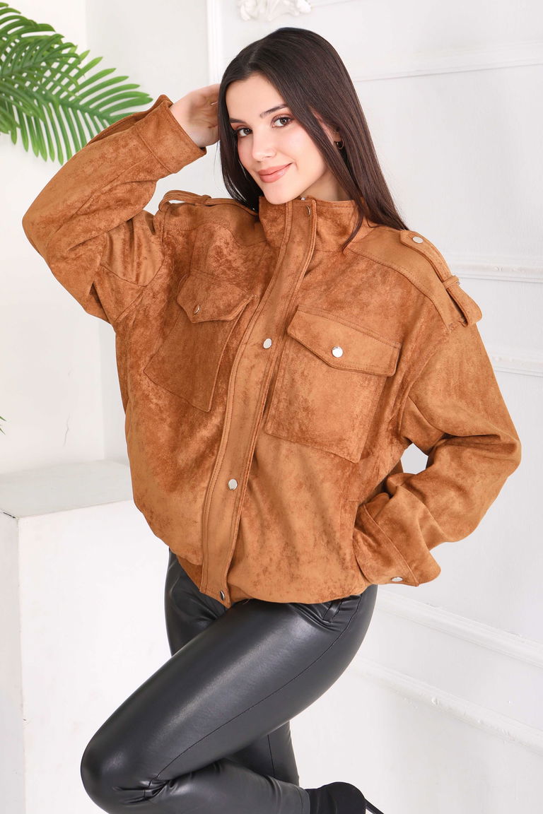 Çift Cepli Beli Lastikli Süet Ceket - 28091-TABA - TOFİSA