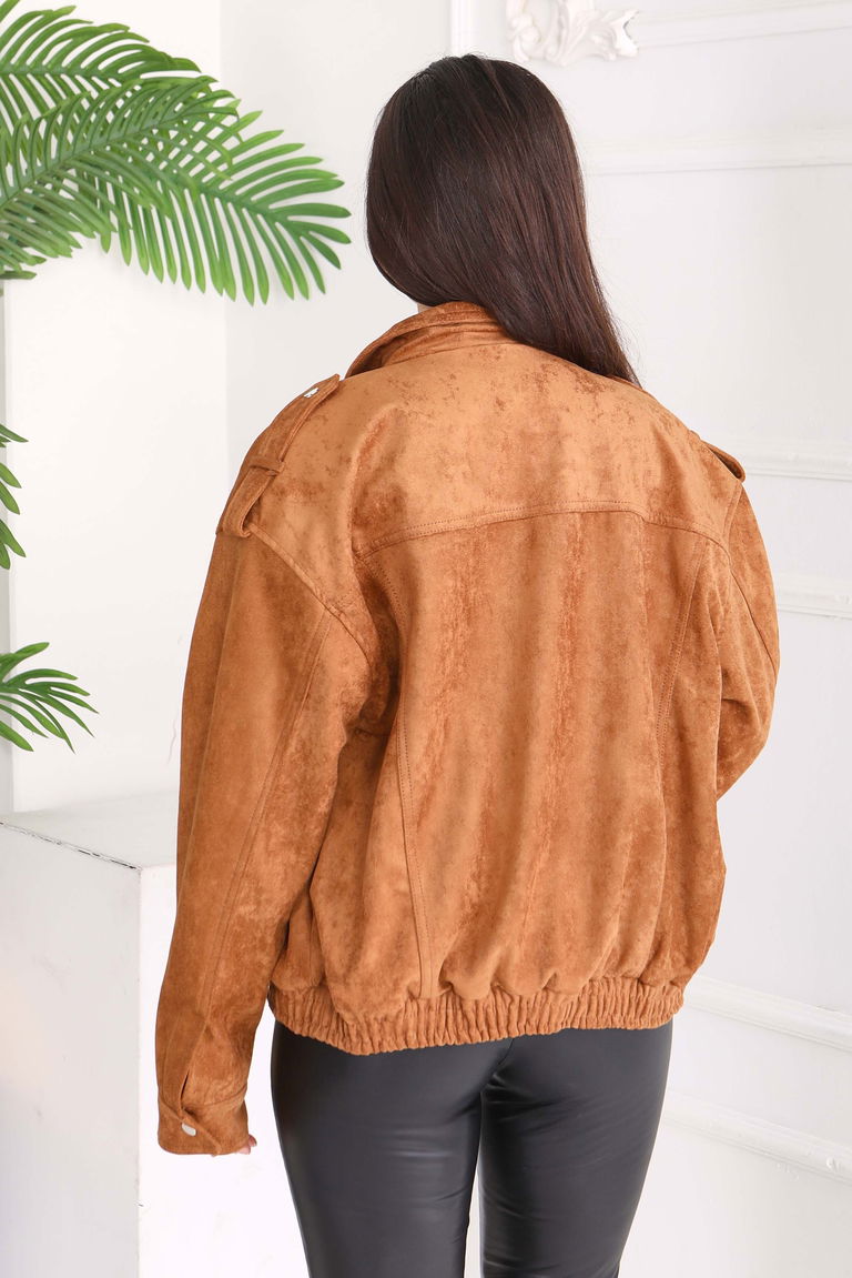 Çift Cepli Beli Lastikli Süet Ceket - 28091-TABA - TOFİSA