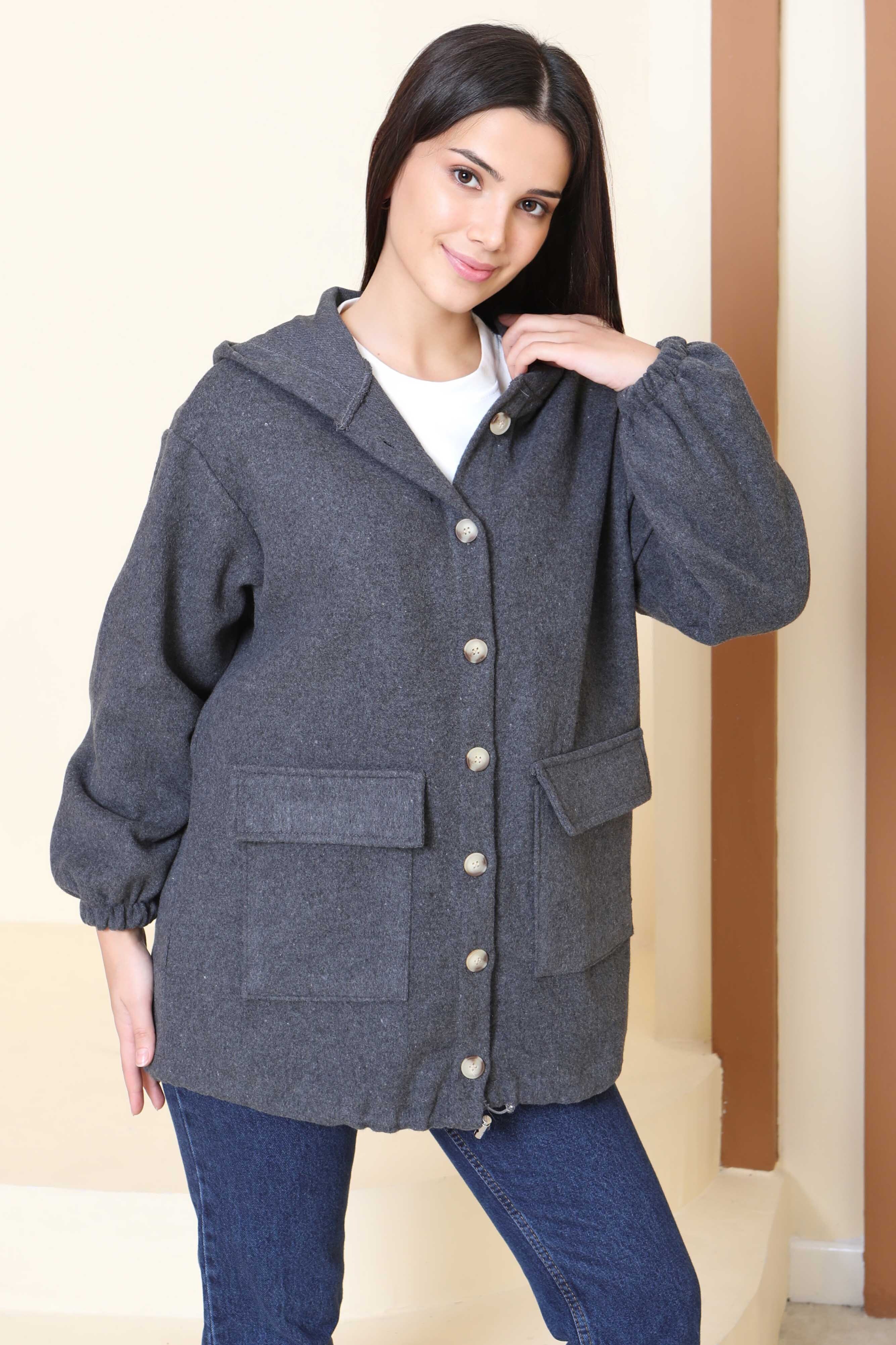 Çift Cepli Bileği Lastikli Kaşe Mont - 27917-ANTRASIT - 1