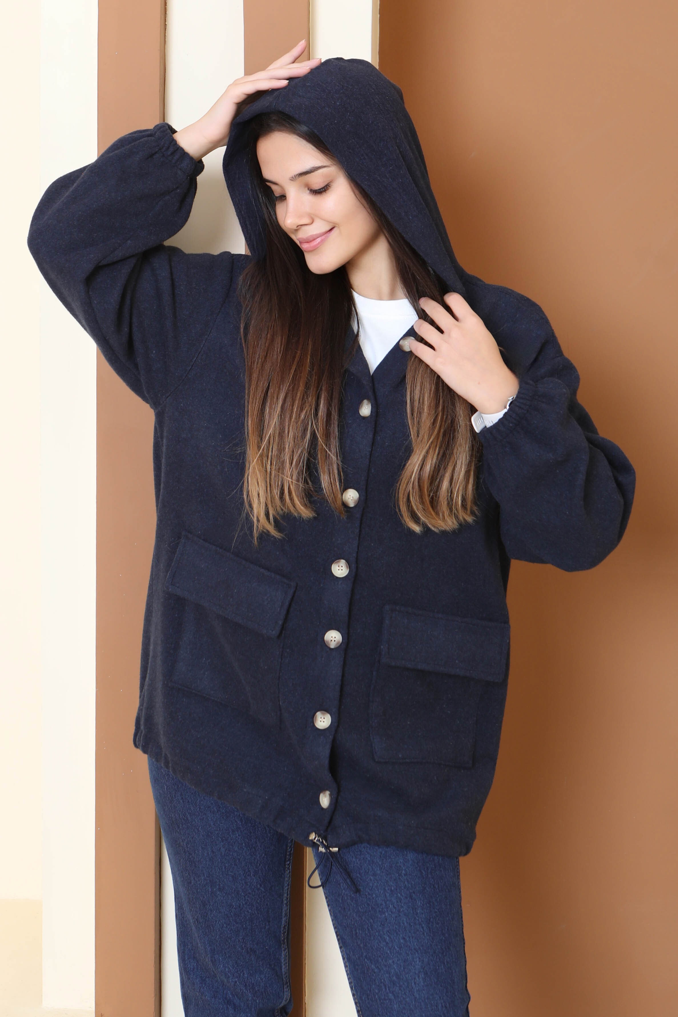 Çift Cepli Bileği Lastikli Kaşe Mont - 27917-LACIVERT - 3