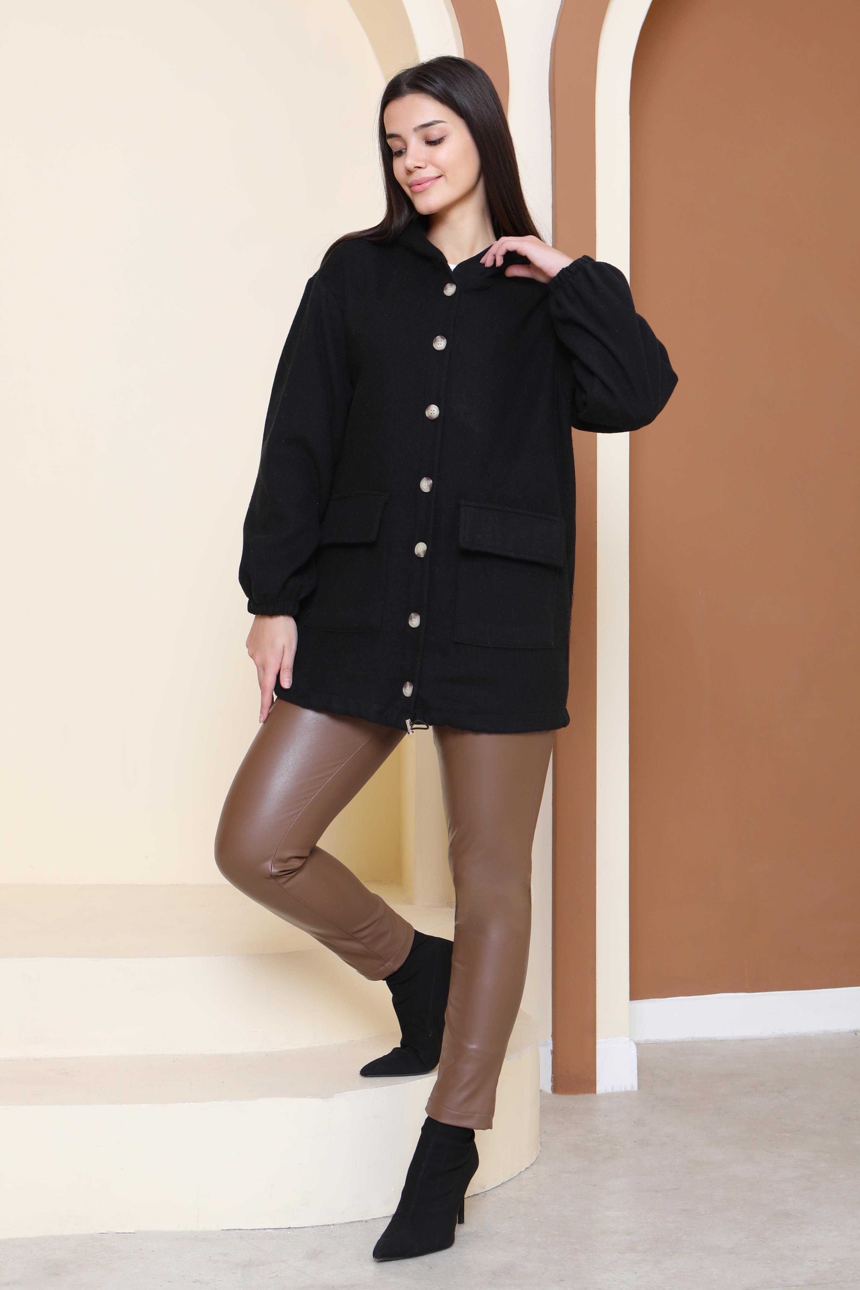 Çift Cepli Bileği Lastikli Kaşe Mont - 27917-SIYAH - 4