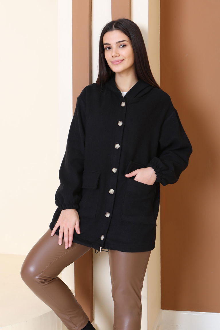 Çift Cepli Bileği Lastikli Kaşe Mont - 28034-SIYAH - TOFİSA