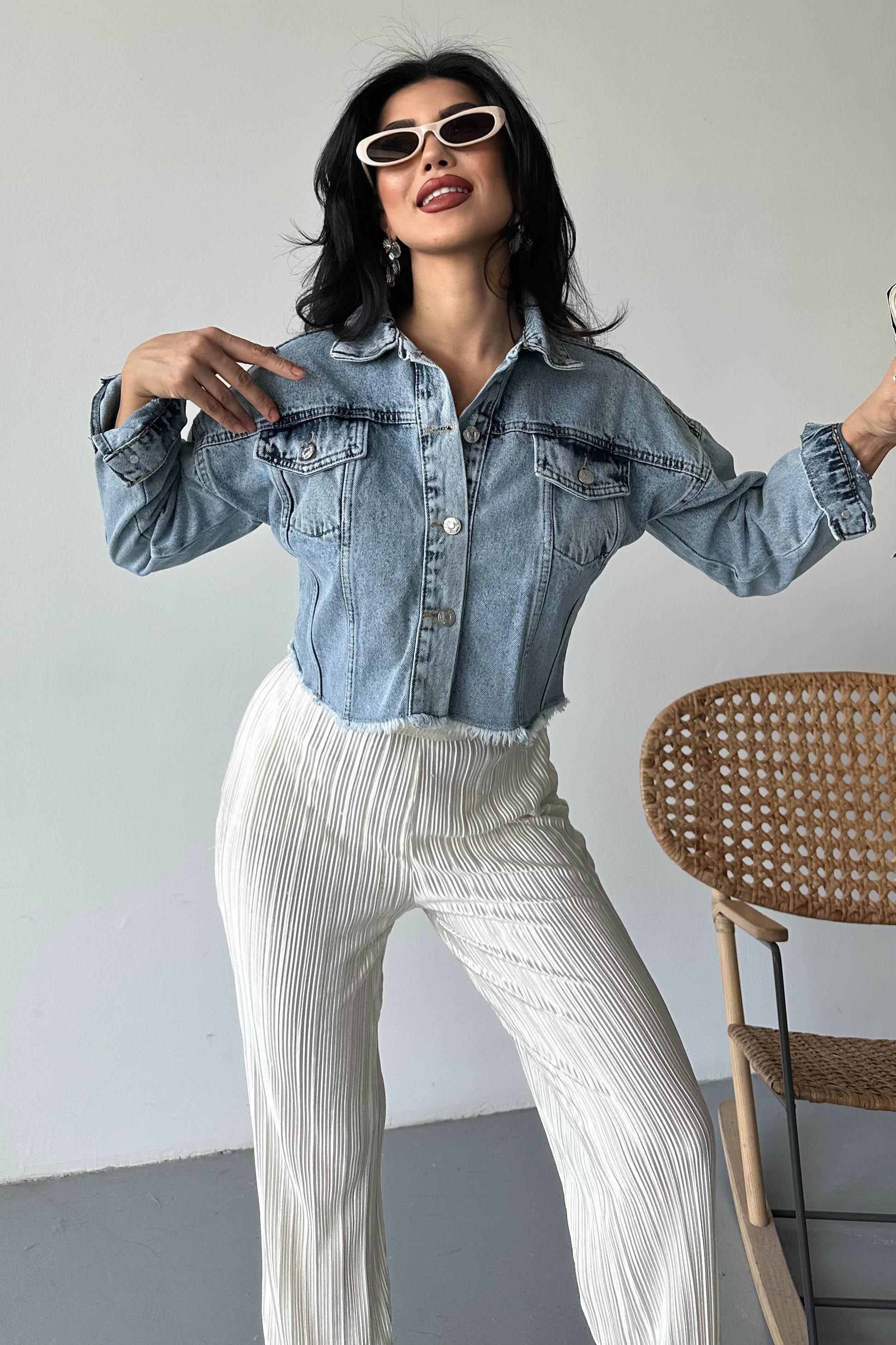 Çift Cepli Demin Crop Ceket - 27299 - 2