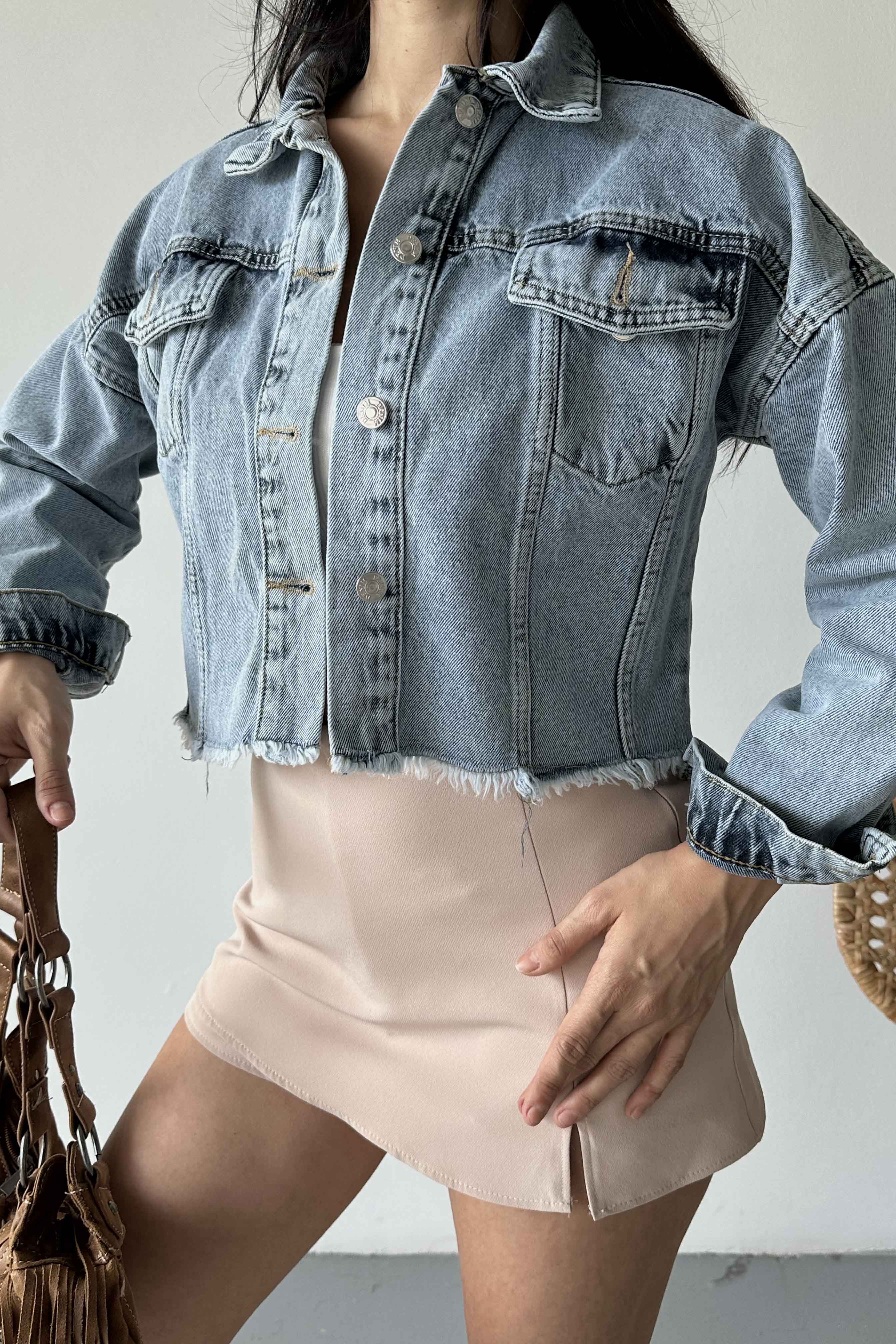 Çift Cepli Demin Crop Ceket - 27299 - 4