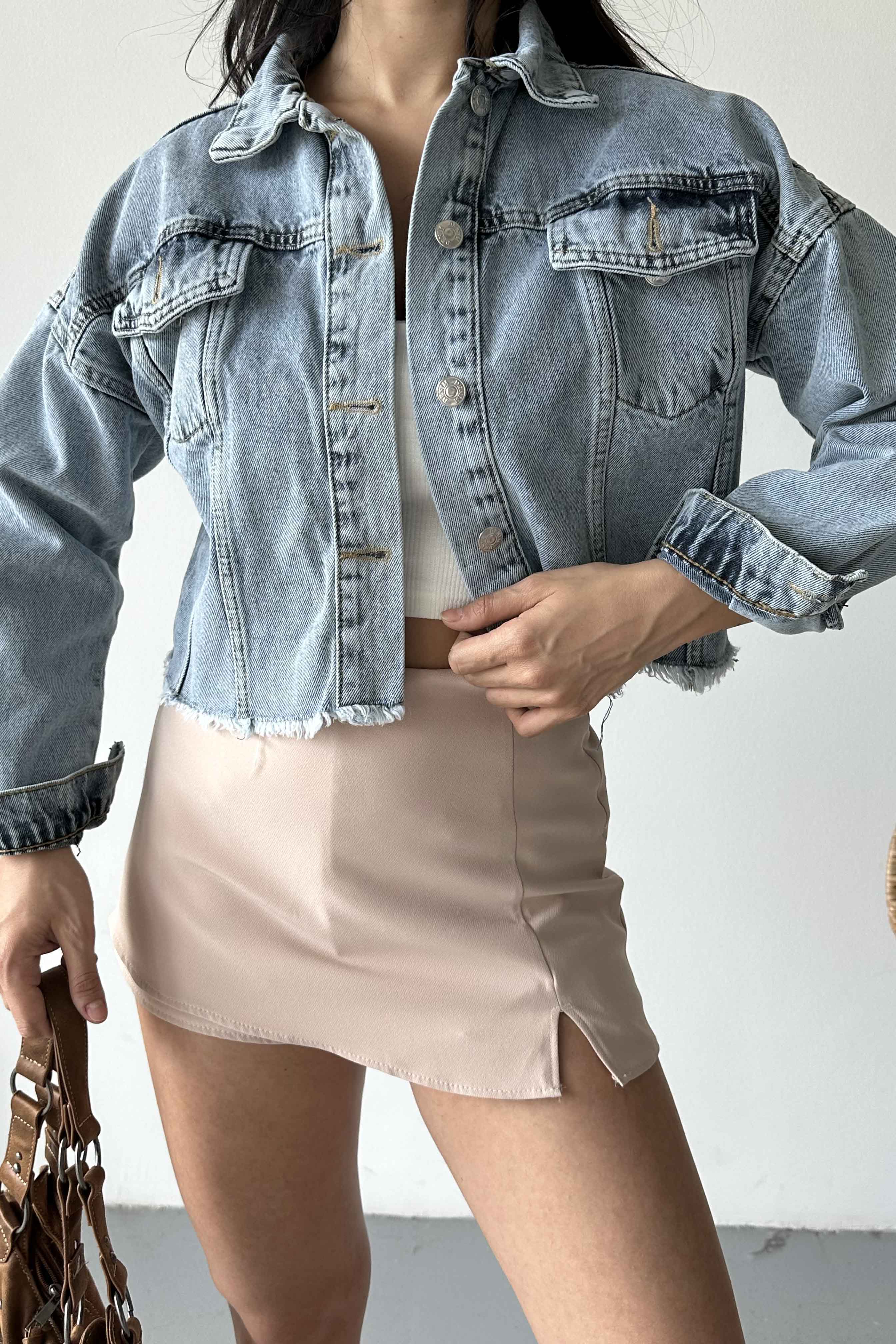 Çift Cepli Demin Crop Ceket - 27299 - 5