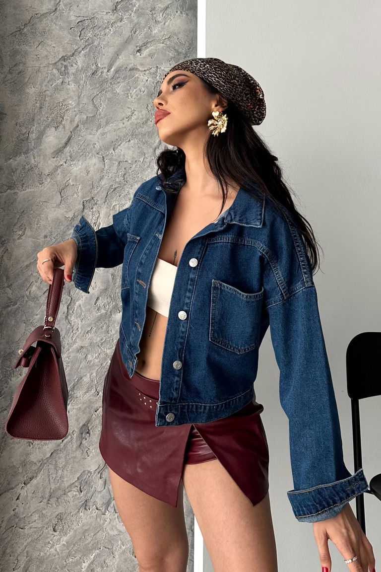 Çift Cepli Demin Crop Ceket - 27271 - TOFİSA