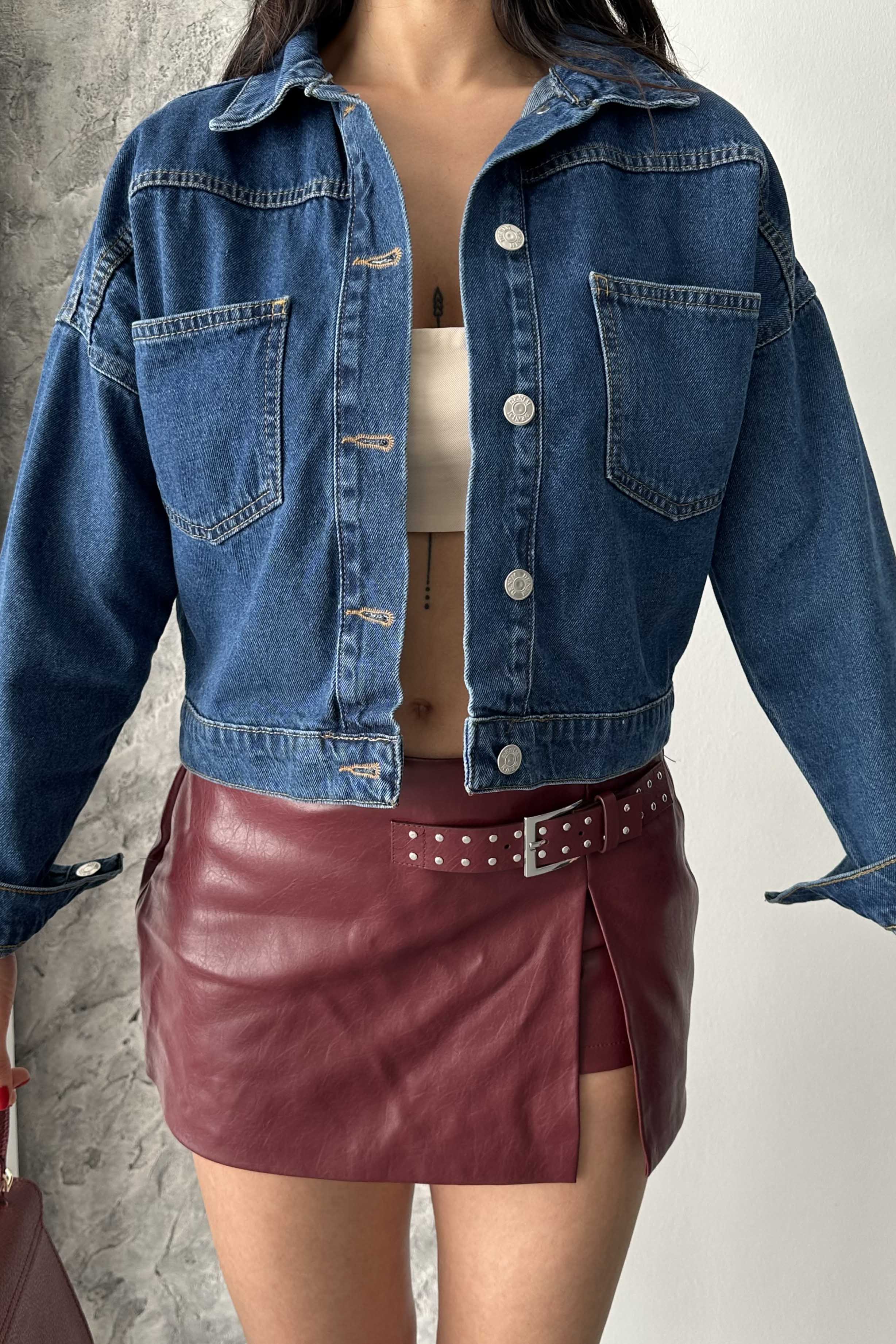 Çift Cepli Demin Crop Ceket - 27271 - 4