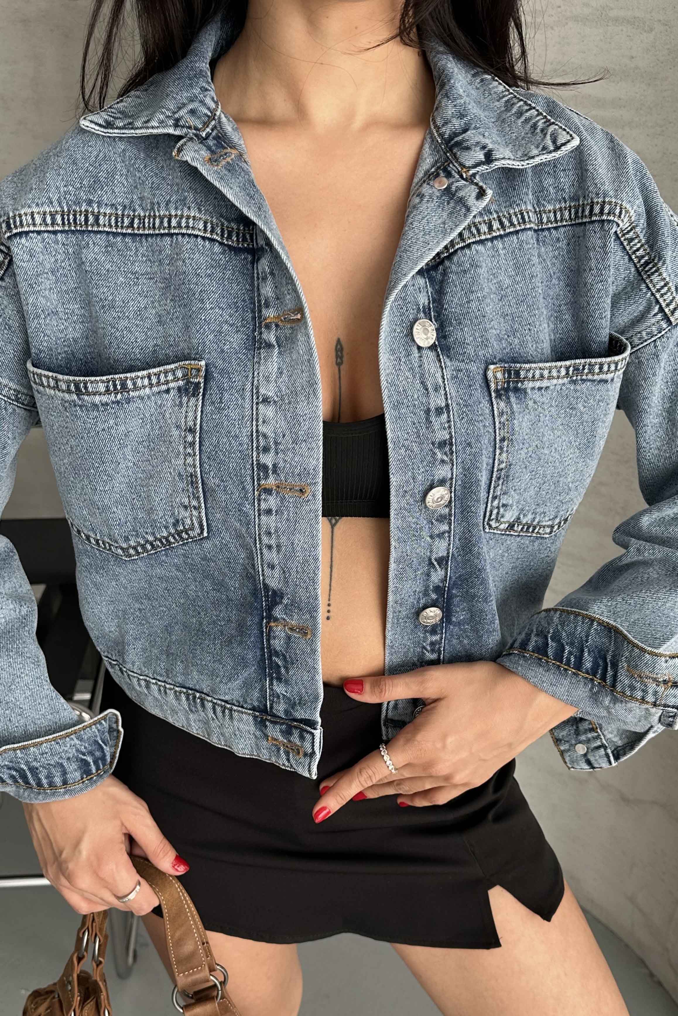 Çift Cepli Demin Crop Ceket - 27271 - 4
