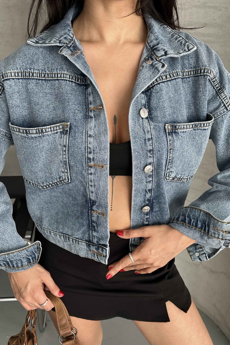Çift Cepli Demin Crop Ceket - 27271 - TOFİSA
