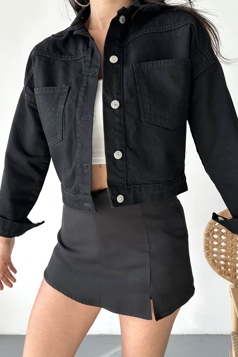 Çift Cepli Demin Crop Ceket Siyah - 27271 - TOFİSA