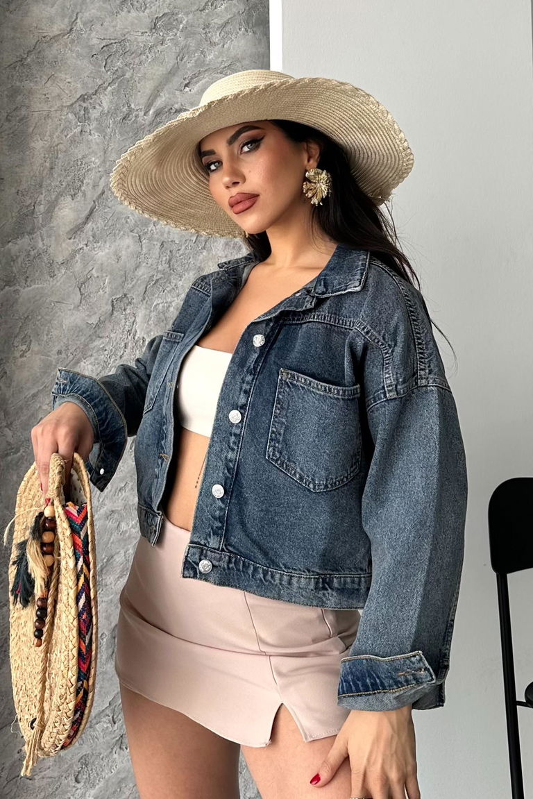 Çift Cepli Demin Crop Ceket - 27271 - TOFİSA