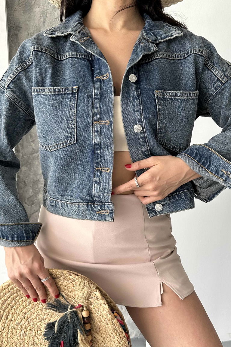 Çift Cepli Demin Crop Ceket - 27271 - TOFİSA