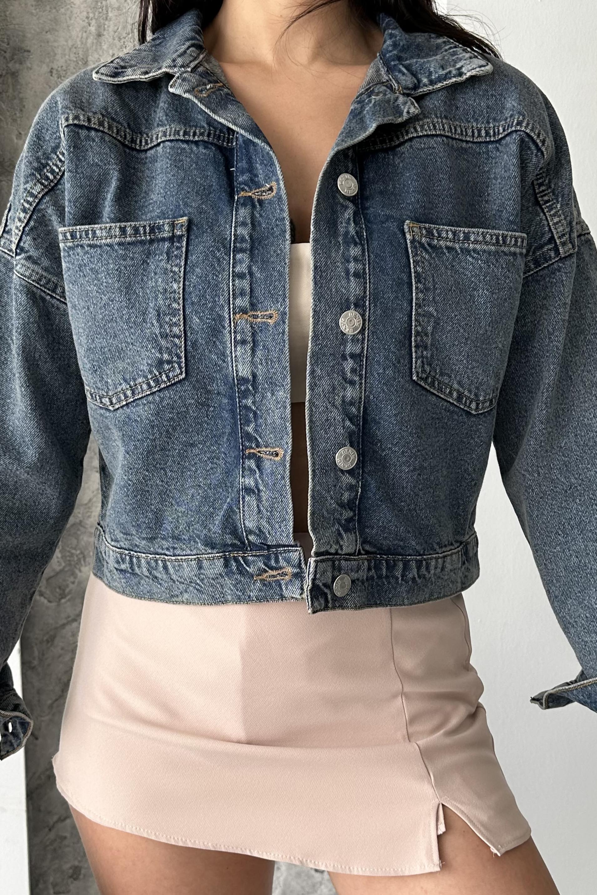 Çift Cepli Demin Crop Ceket - 27271 - 4