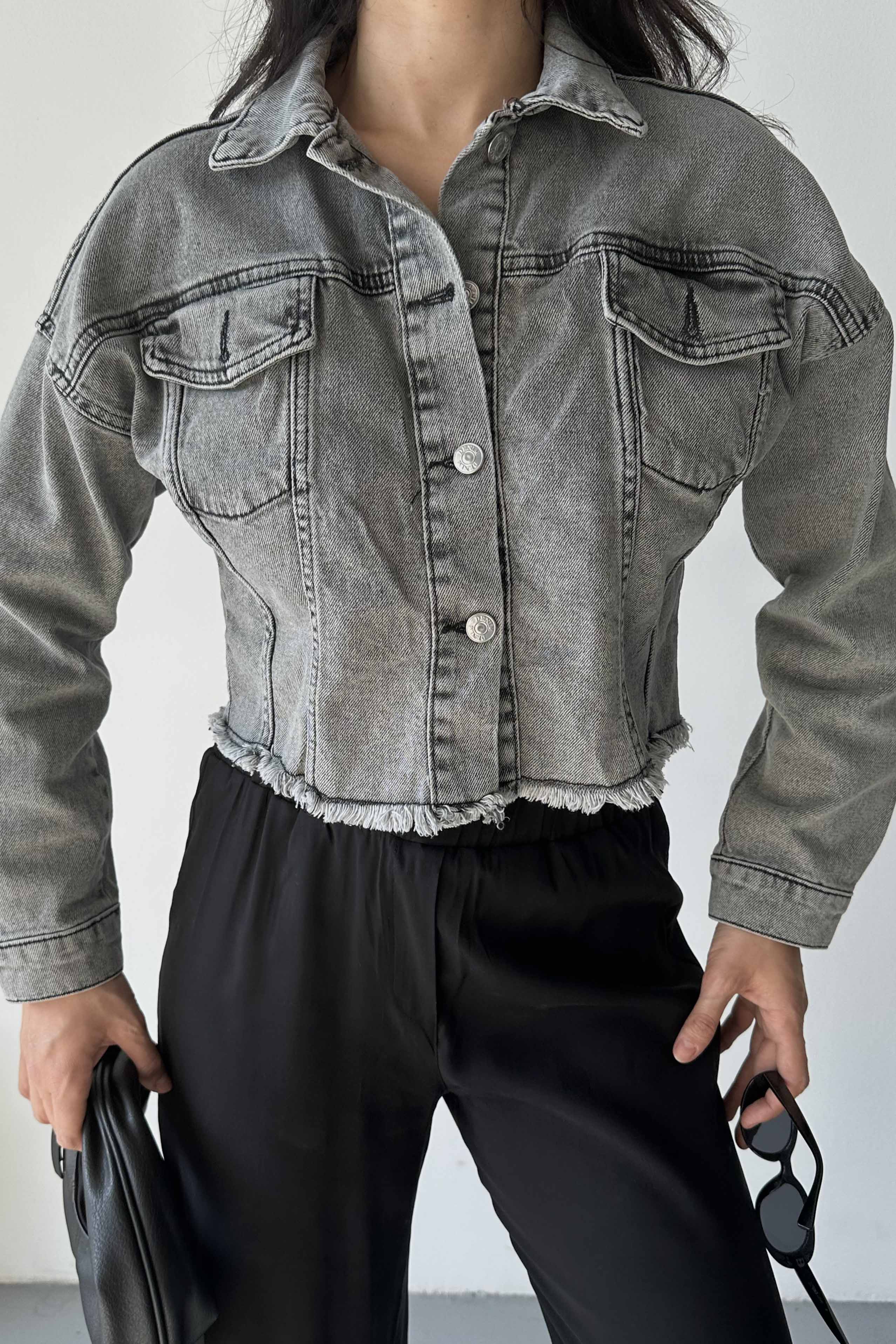 Çift Cepli Demin Crop Ceket - 27299 - 5