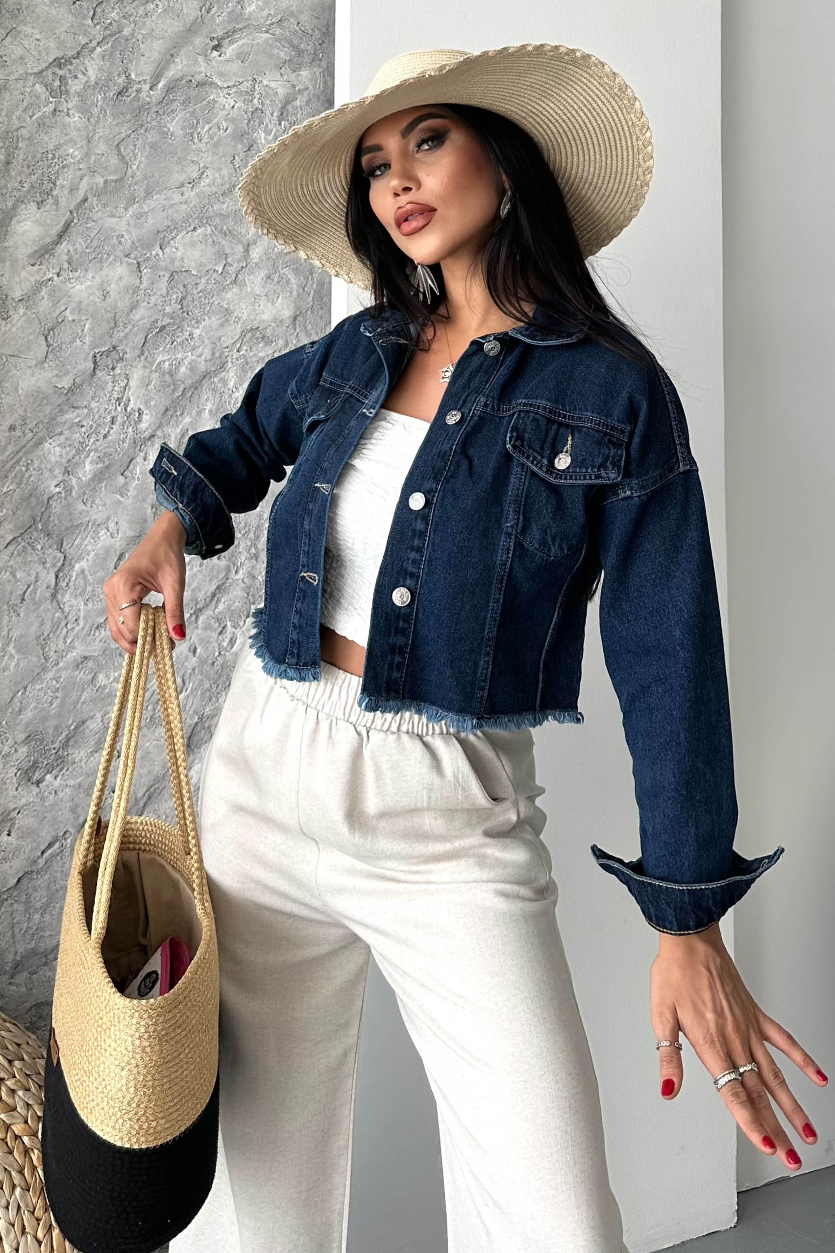 Çift Cepli Demin Crop Ceket - 27299 - 1