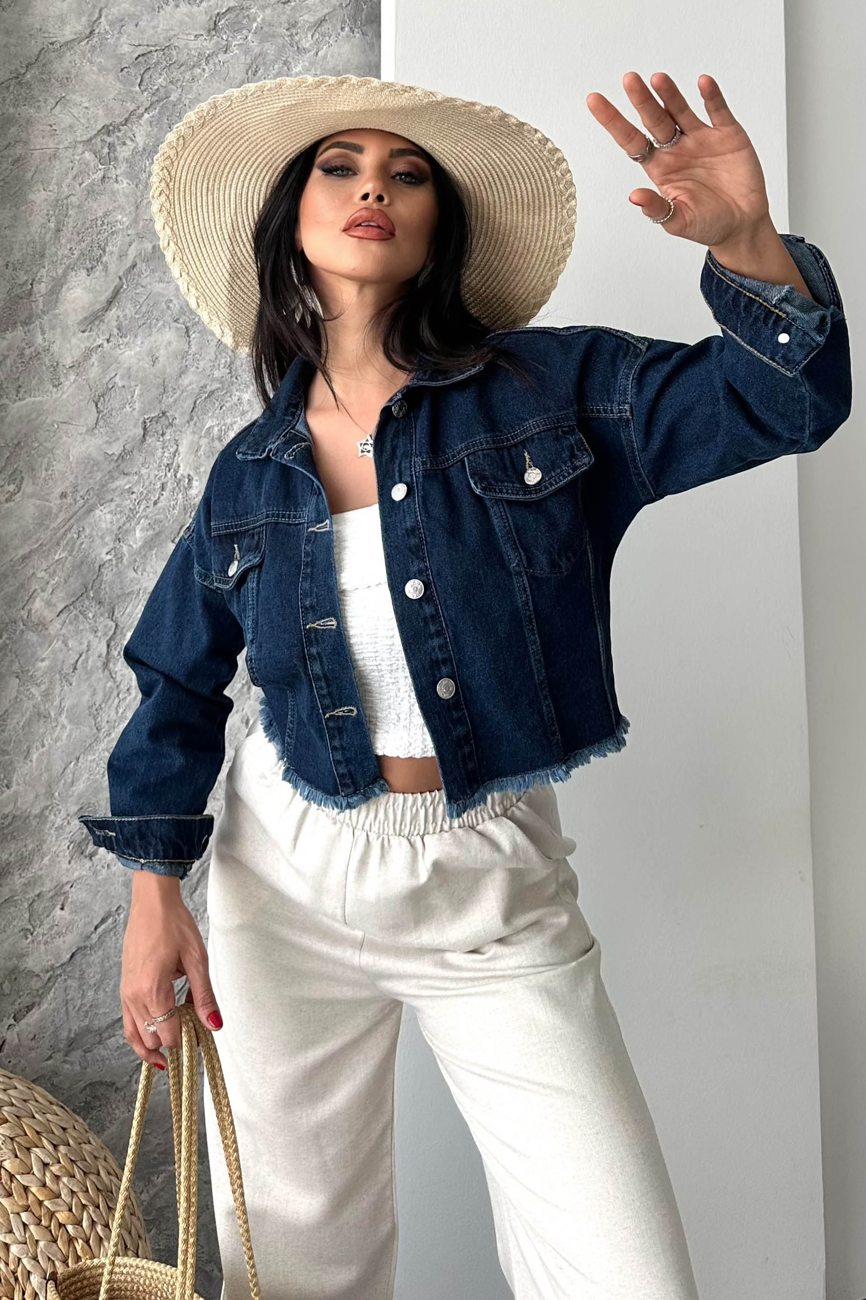 Çift Cepli Demin Crop Ceket - 27299 - 4