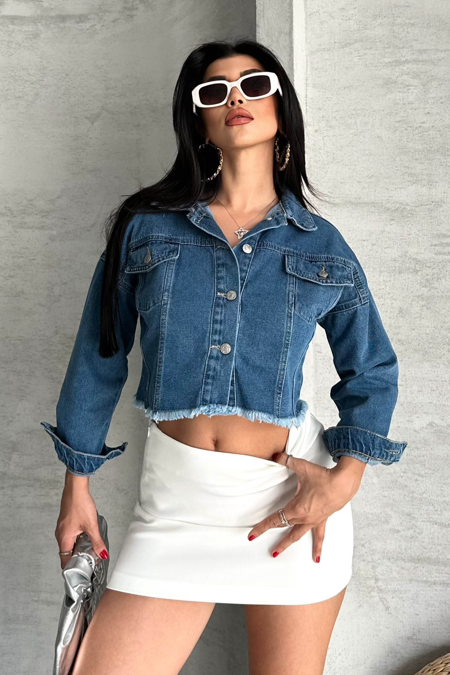 Çift Cepli Demin Crop Ceket - 27299 - 1