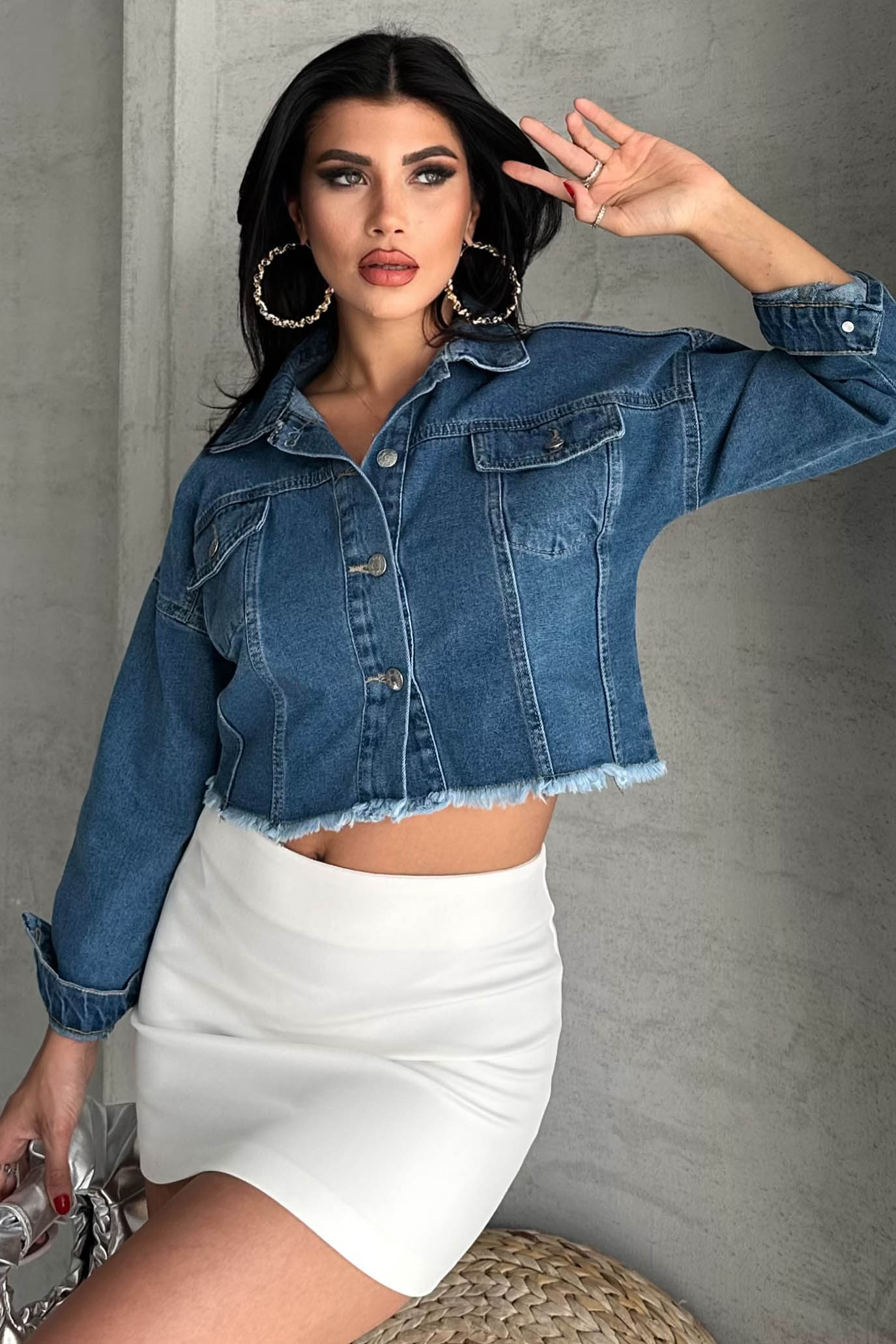 Çift Cepli Demin Crop Ceket - 27299 - 4