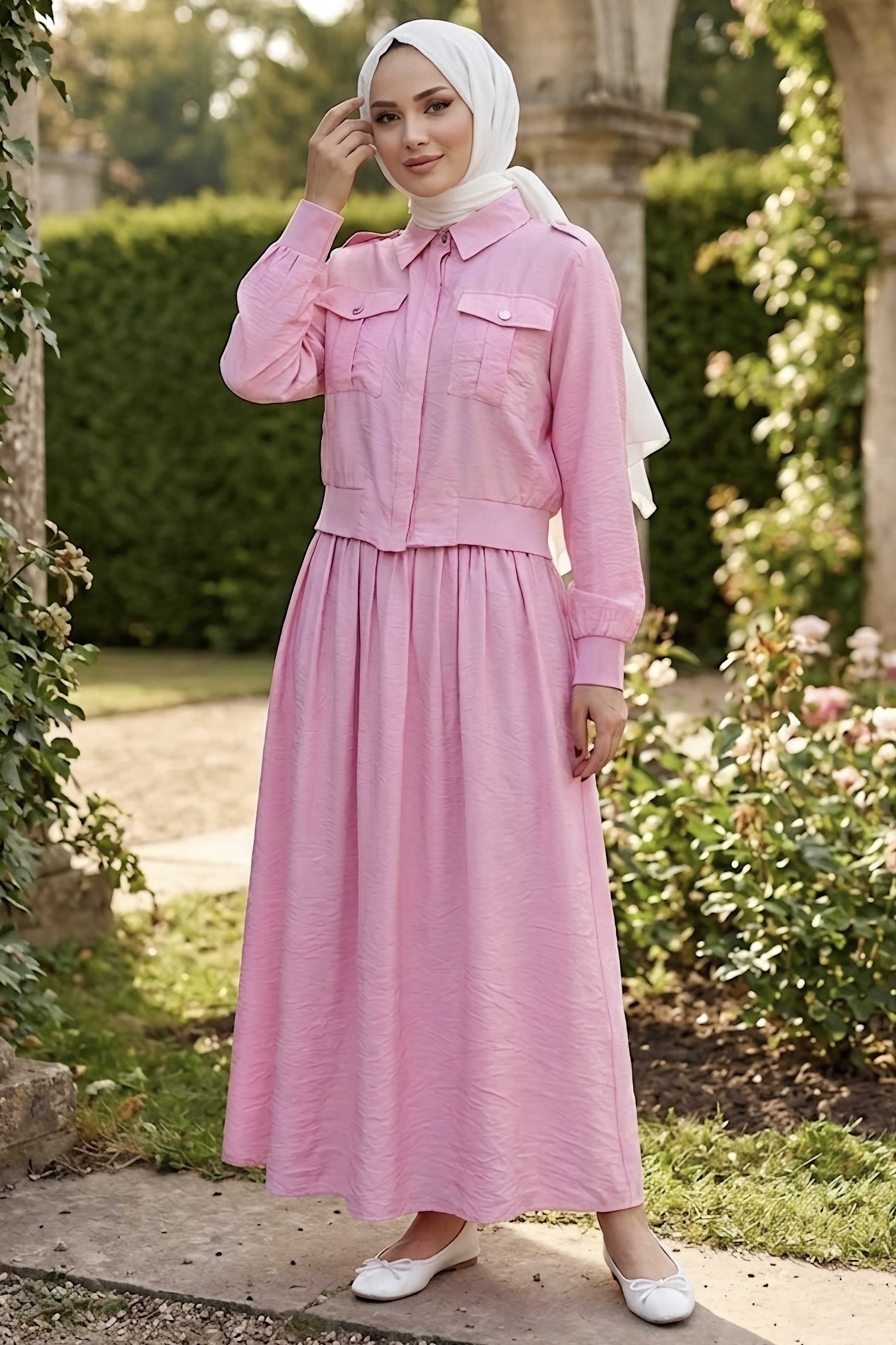 Çift Cepli Etekli Takım Pembe - 28548-PEMBE - 1