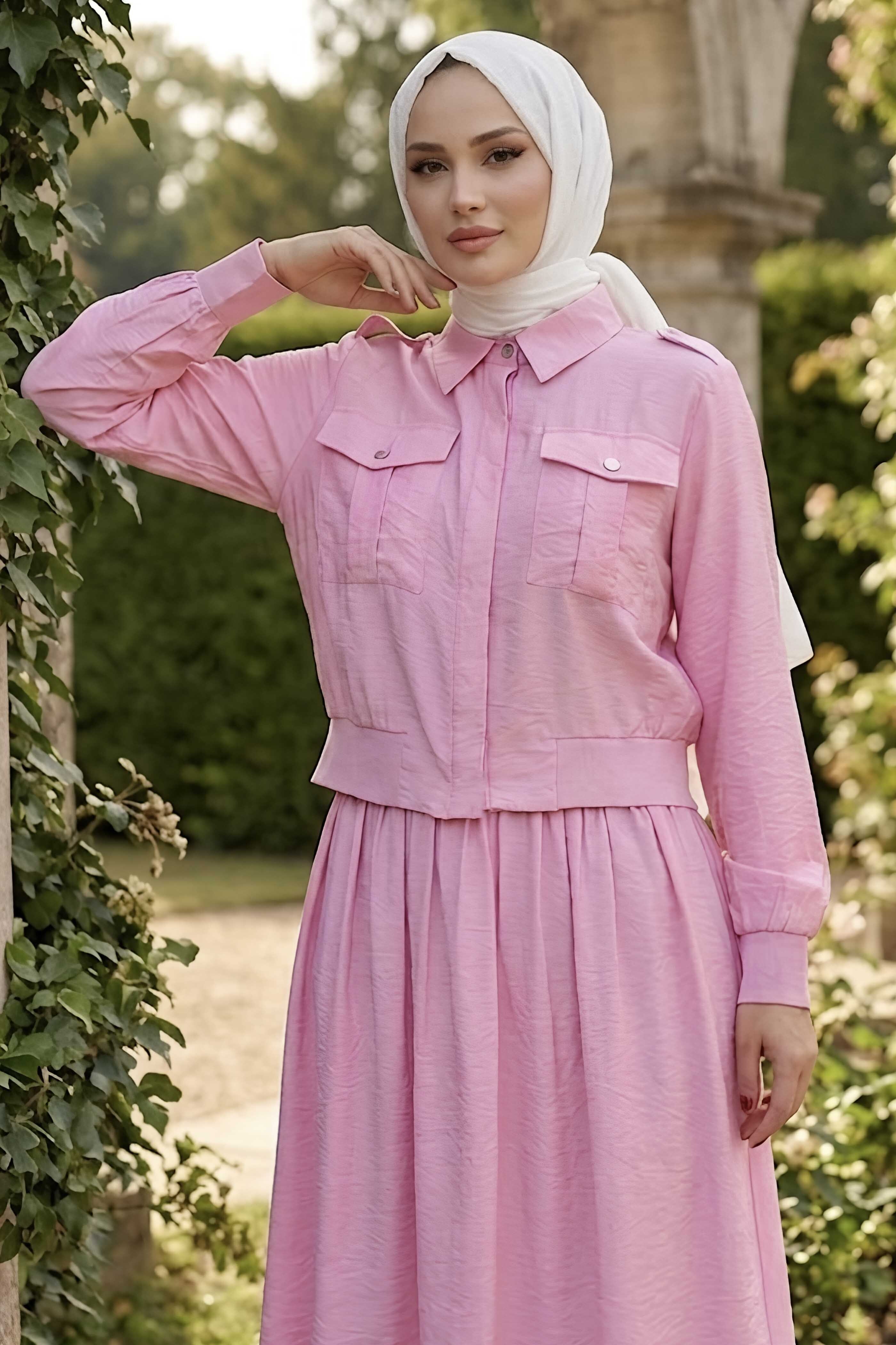 Çift Cepli Etekli Takım Pembe - 28548-PEMBE - 2