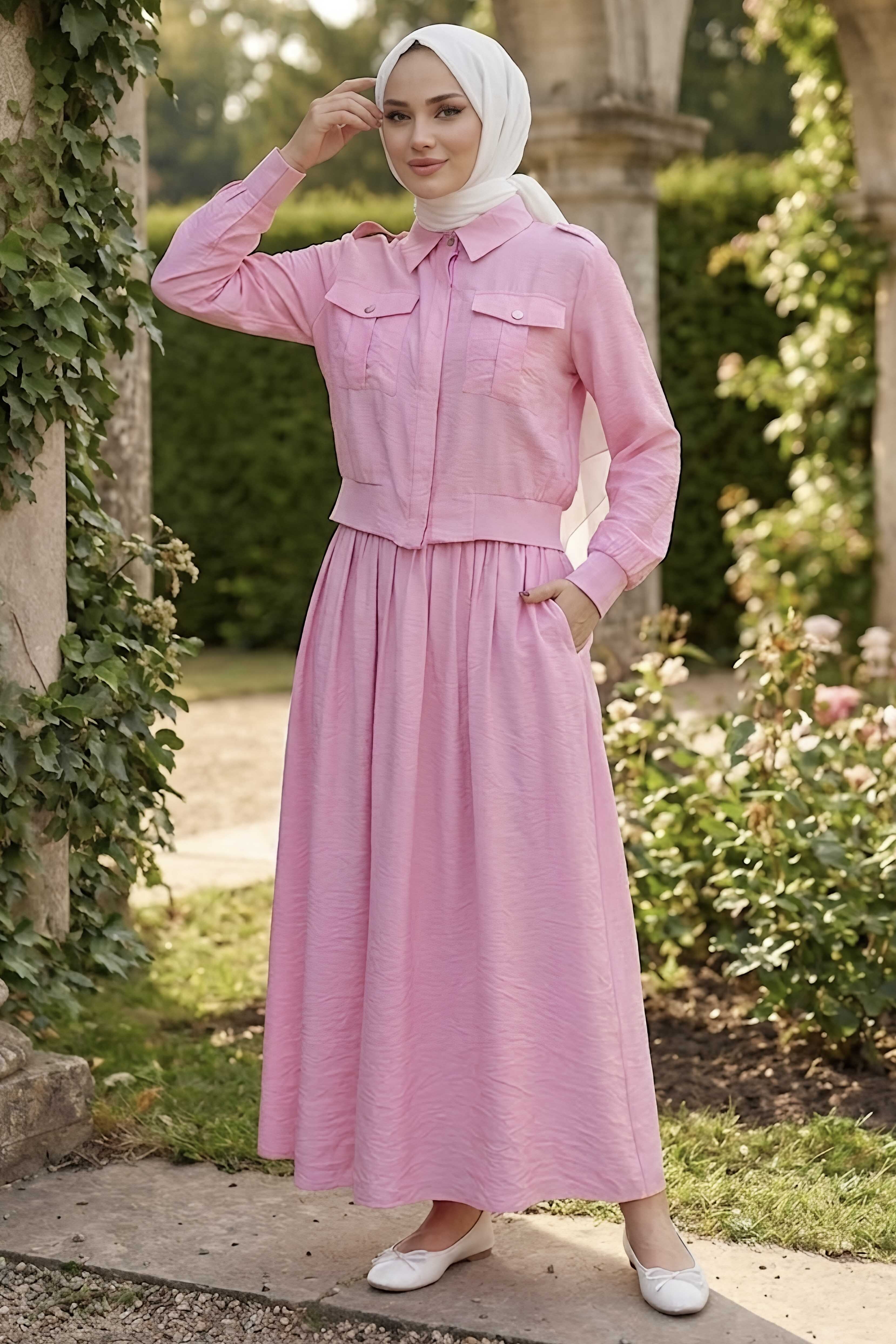 Çift Cepli Etekli Takım Pembe - 28548-PEMBE - 3