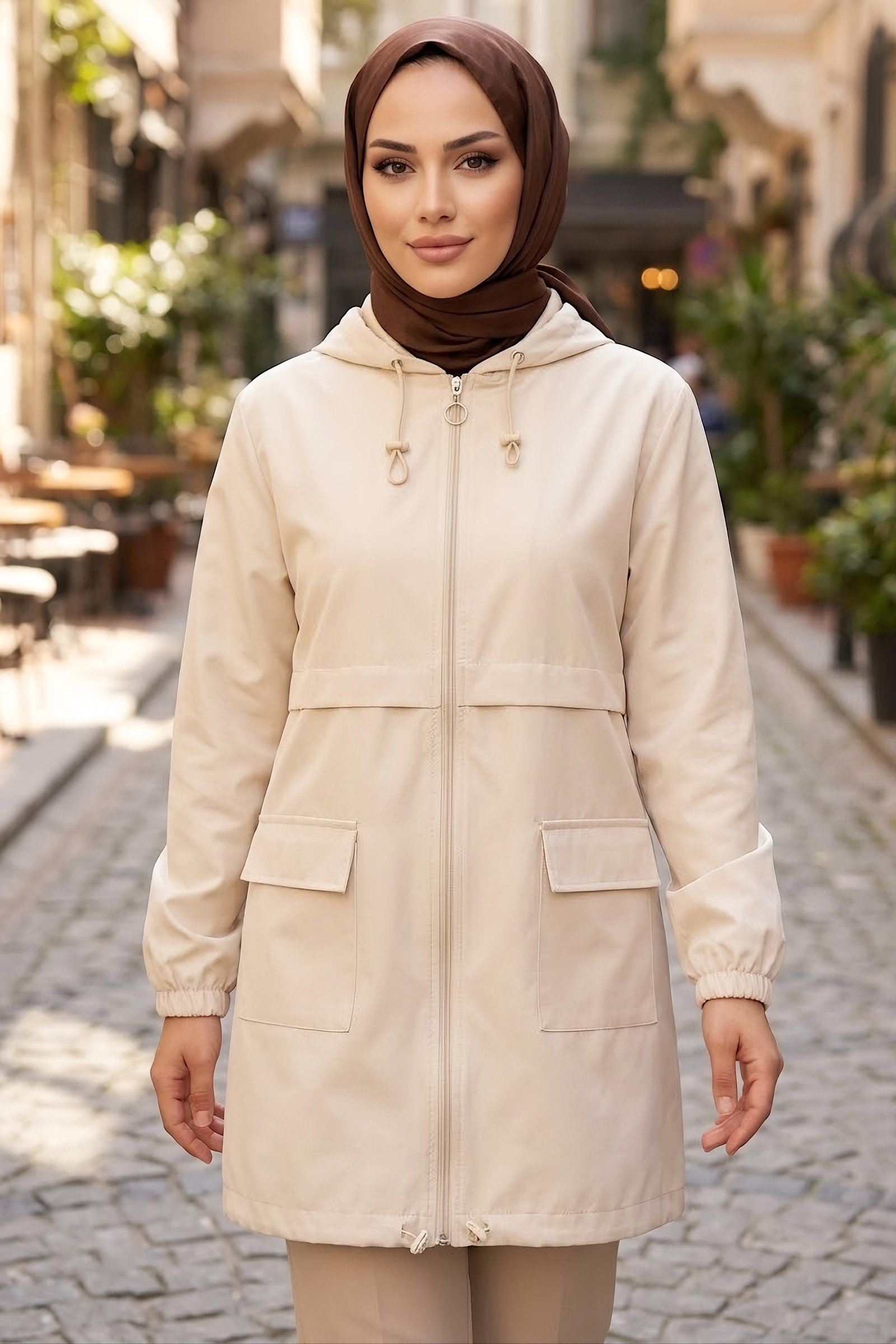 Çift Cepli Kısa Trenç Mont Krem - 28958-KREM - 1