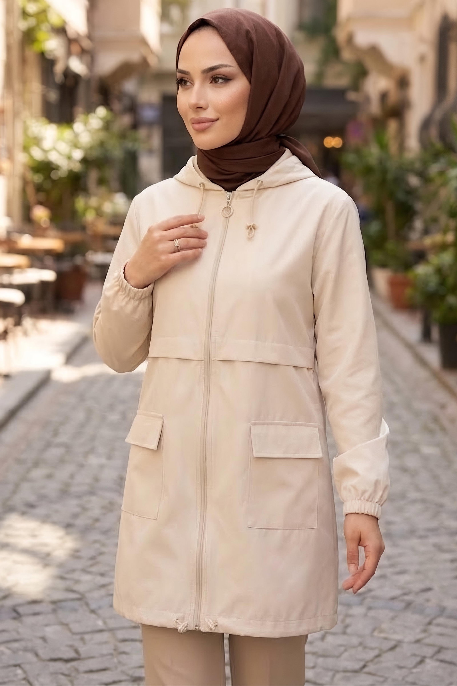 Çift Cepli Kısa Trenç Mont Krem - 28958-KREM - 2
