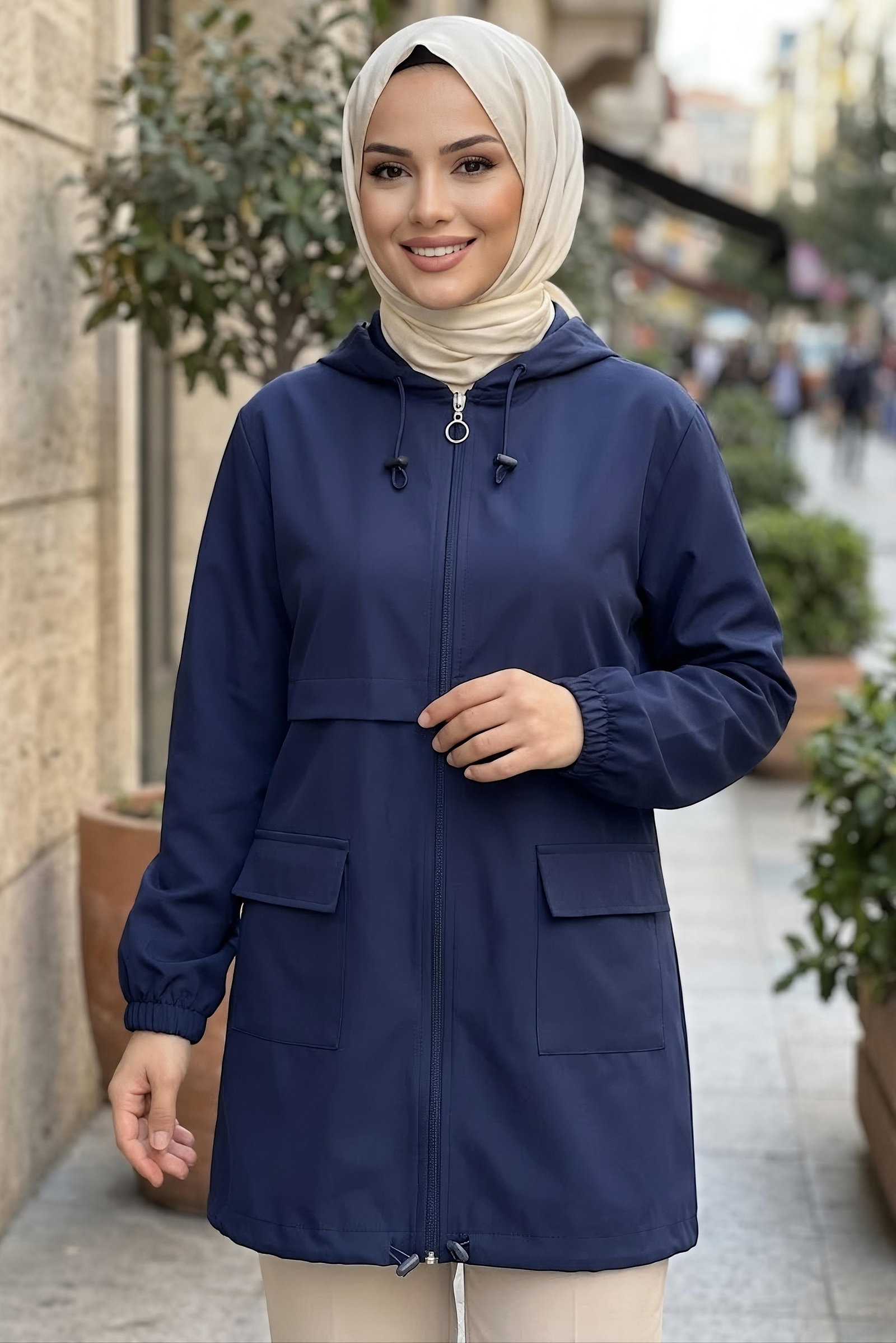 Çift Cepli Kısa Trenç Mont Lacivert - 28958-LACIVERT - 1