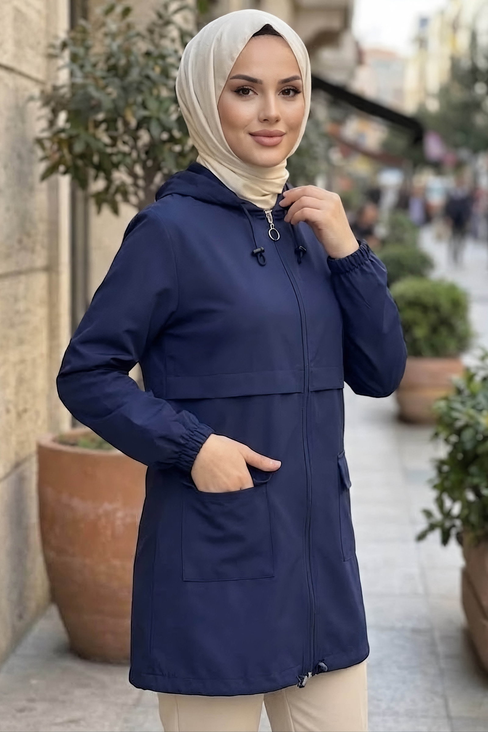 Çift Cepli Kısa Trenç Mont Lacivert - 28958-LACIVERT - 2