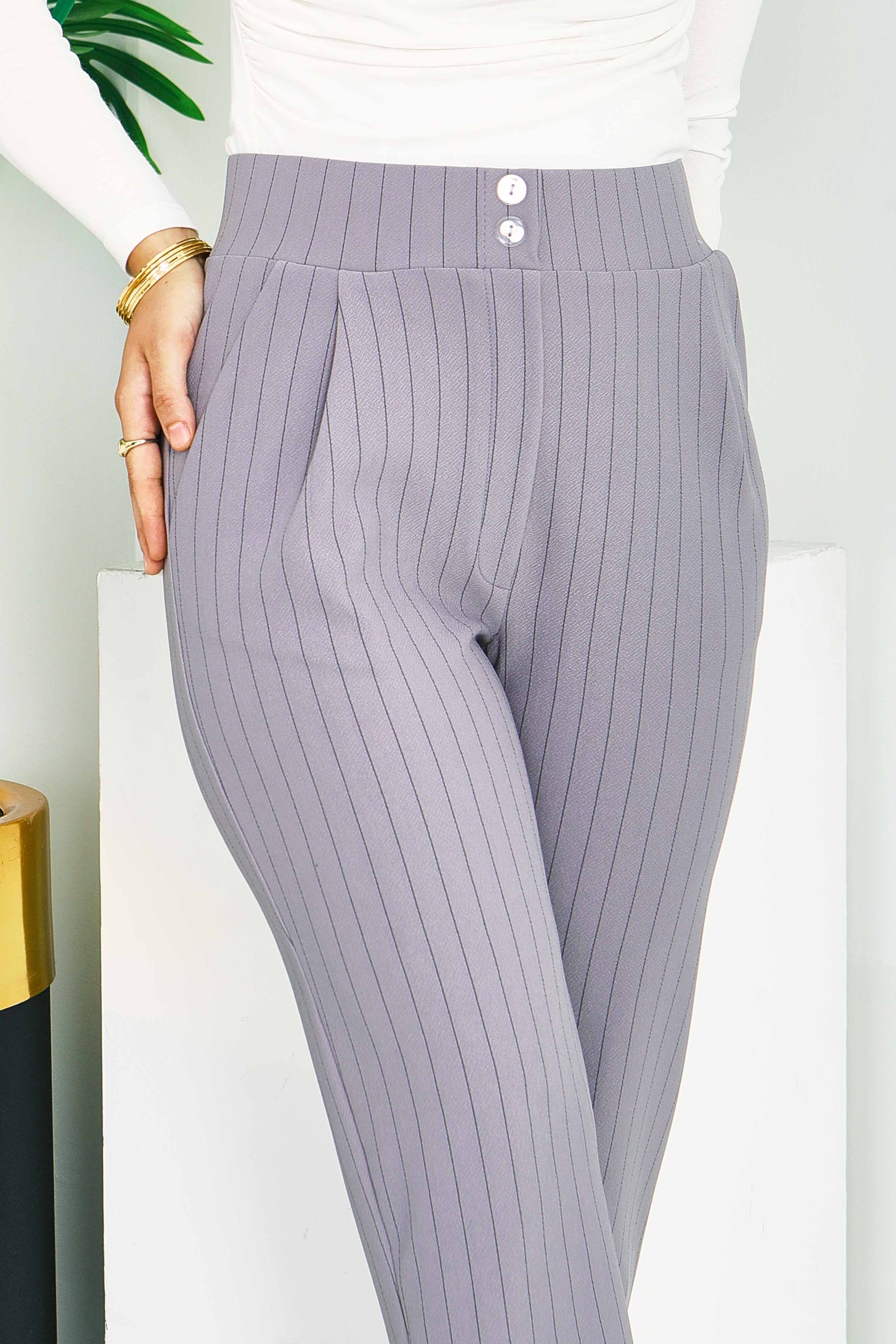 Çift Düğmeli Çizgili Pantolon Gri - 28742-GRI - 2