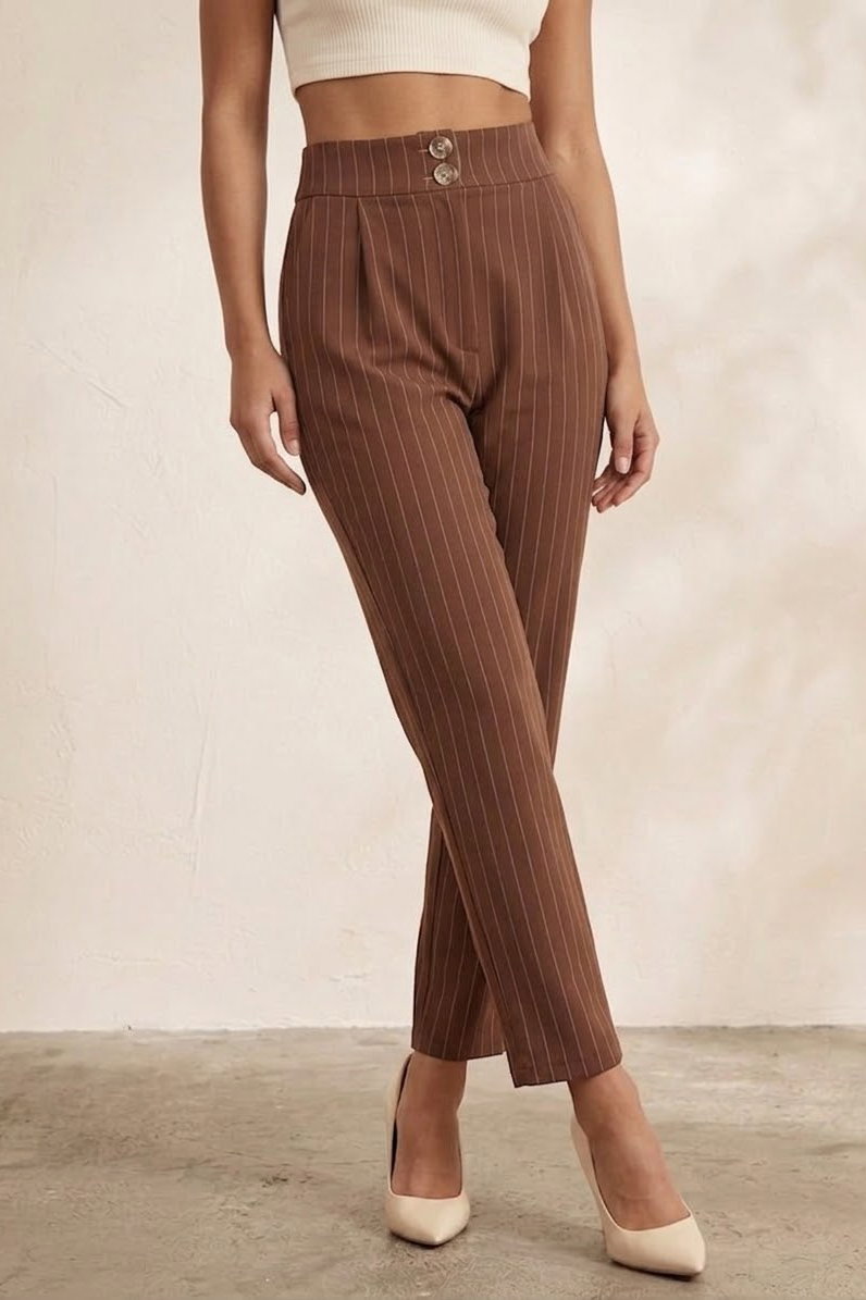 Çift Düğmeli Çizgili Pantolon Kahve - 28742-KAHVE - 1