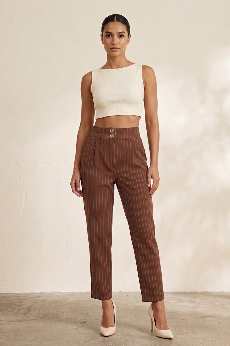 Çift Düğmeli Çizgili Pantolon Kahve - 28742-KAHVE - 2