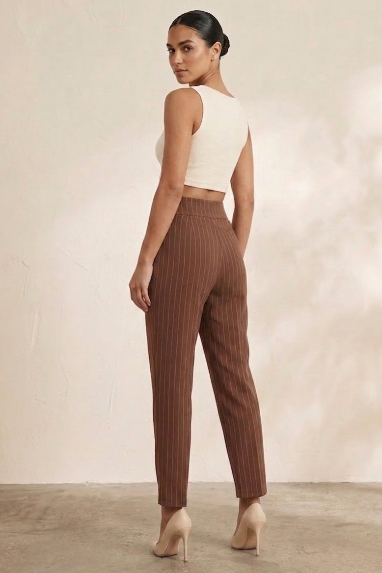 Çift Düğmeli Çizgili Pantolon Kahve - 28742-KAHVE - 3