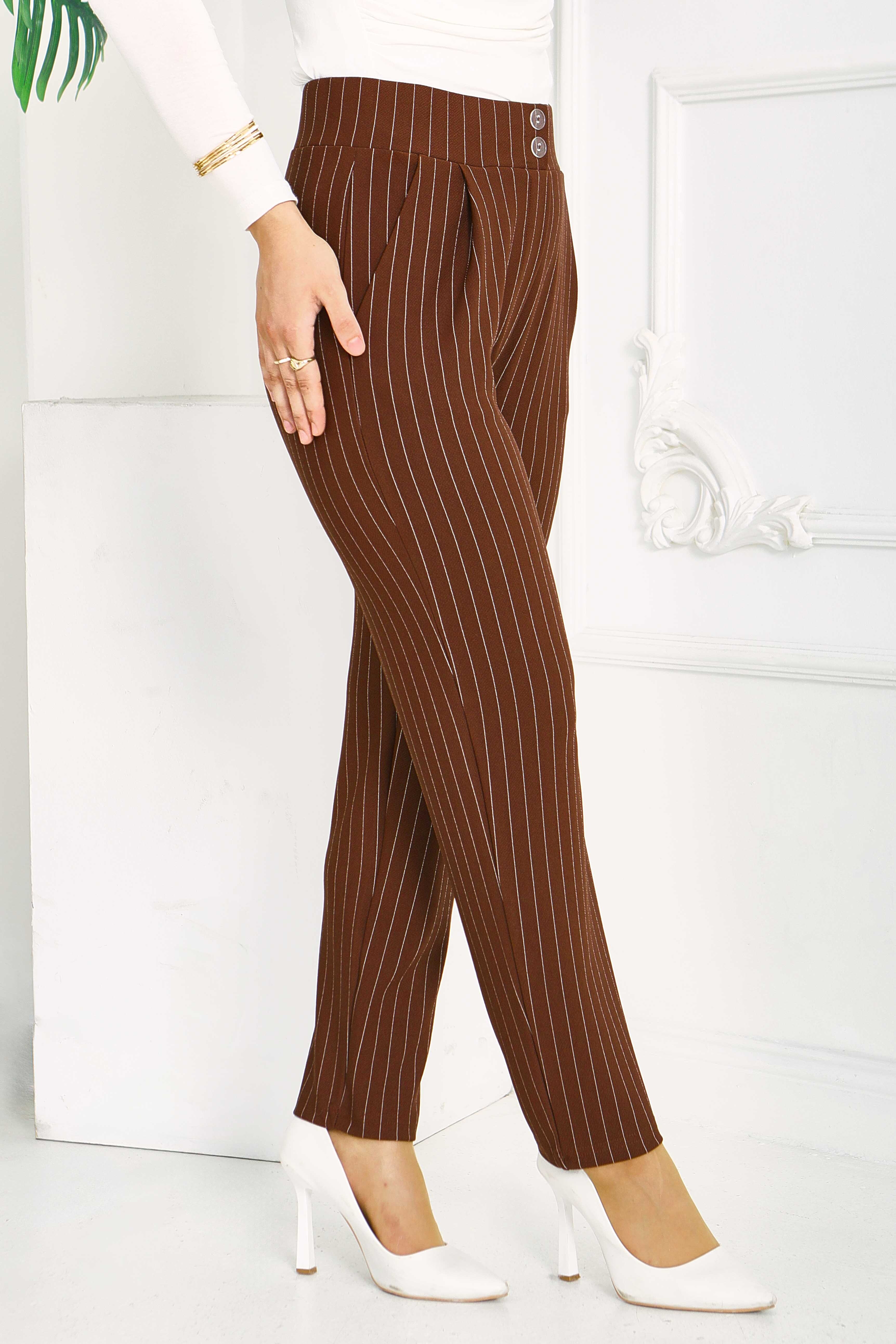 Çift Düğmeli Çizgili Pantolon Kahve - 28742-KAHVE - 1
