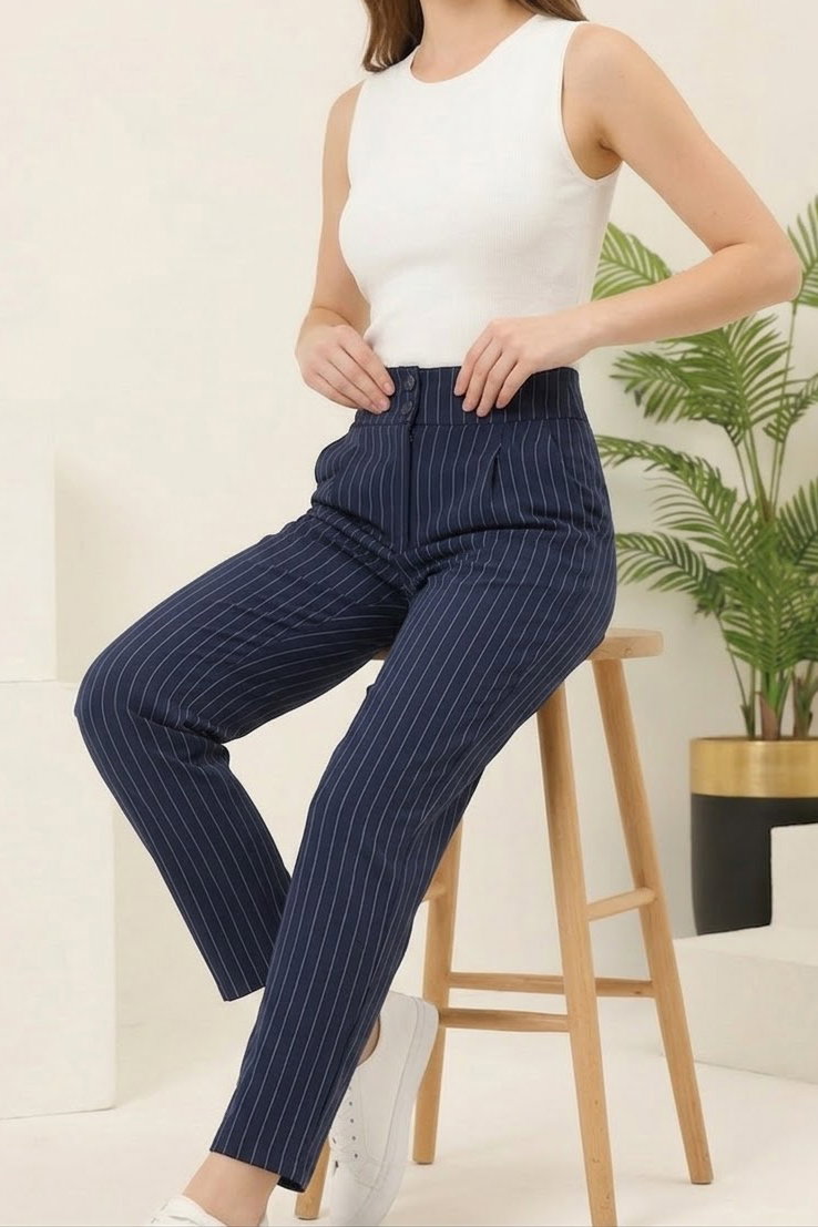 Çift Düğmeli Çizgili Pantolon Lacivert - 28742-LACIVERT - 1
