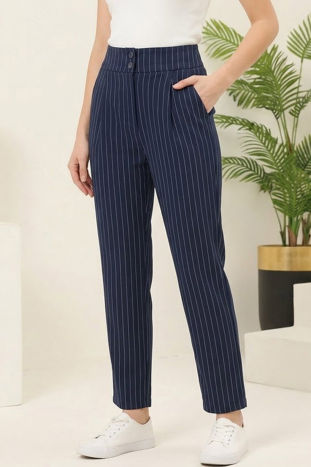 Çift Düğmeli Çizgili Pantolon Lacivert - 28742-LACIVERT - 2