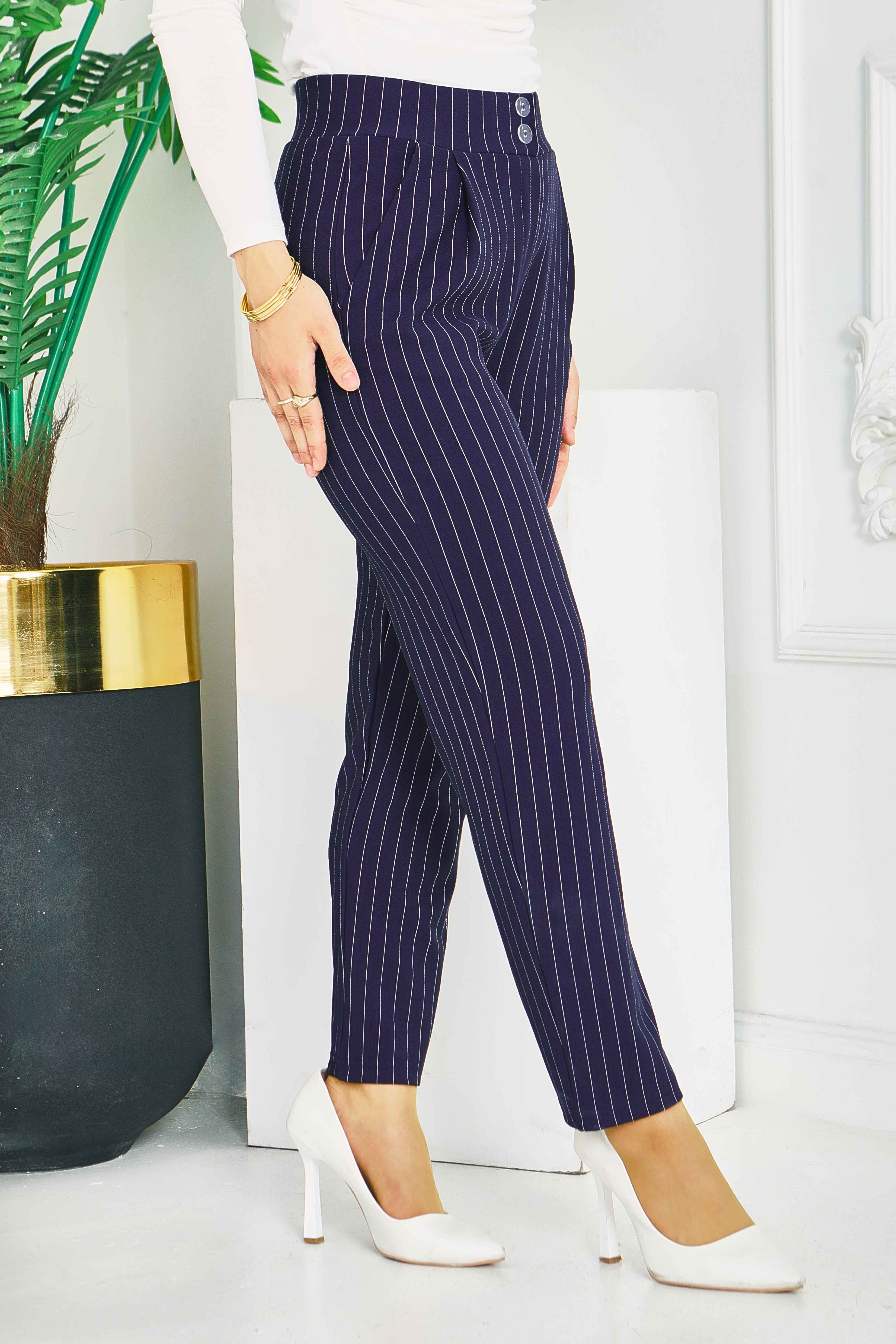 Çift Düğmeli Çizgili Pantolon Lacivert - 28742-LACIVERT - 2
