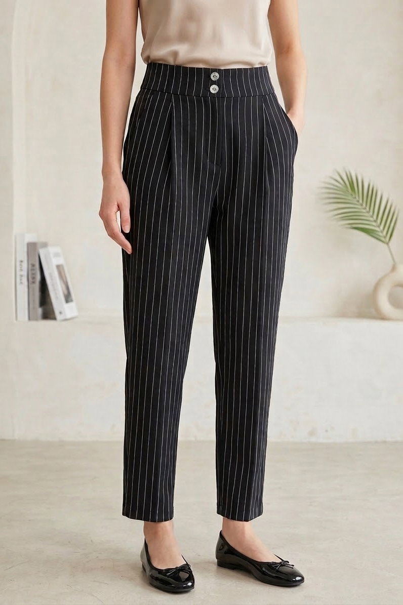 Çift Düğmeli Çizgili Pantolon Siyah - 28742-SIYAH - 1