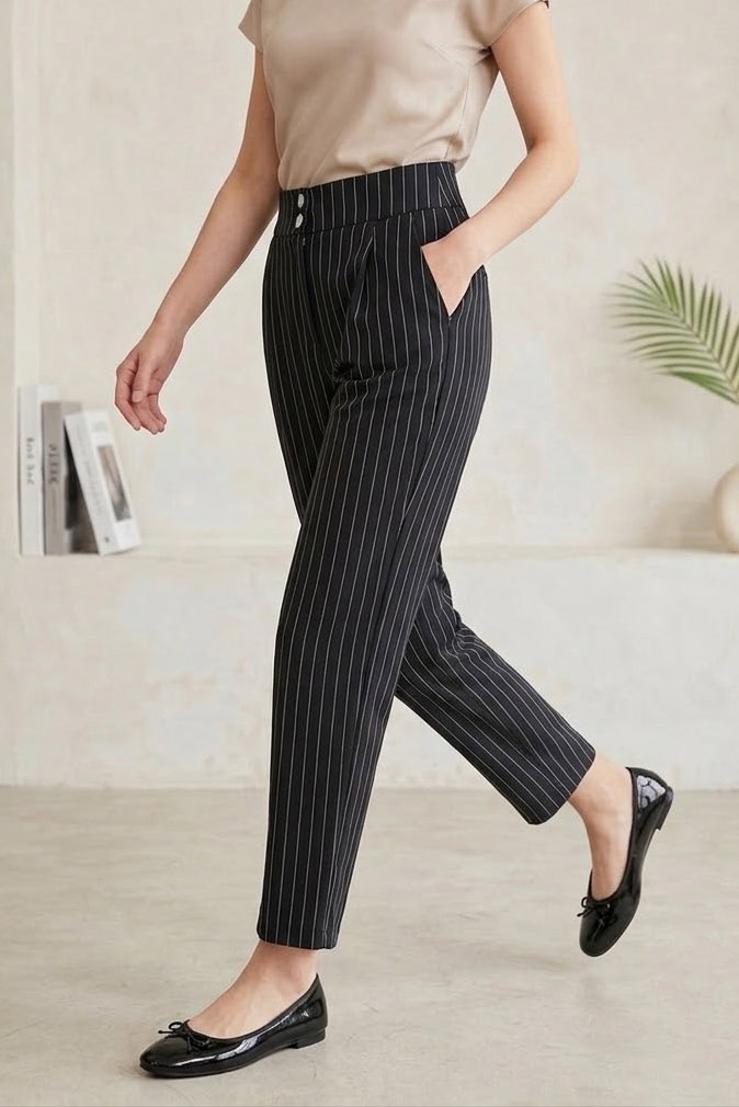 Çift Düğmeli Çizgili Pantolon Siyah - 28742-SIYAH - 2